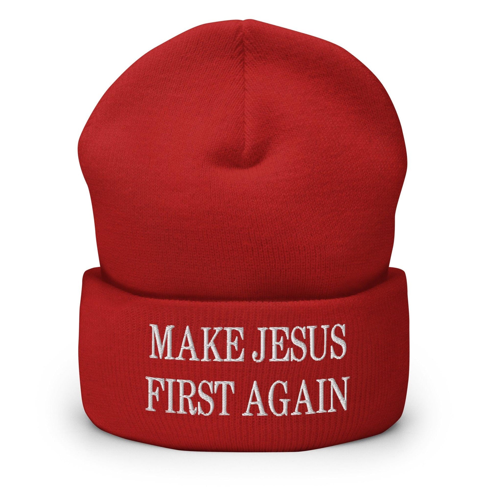 Make Jesus First Again Embroidered Knit Cuffed Beanie Red Beanies Capital Crowns Religious