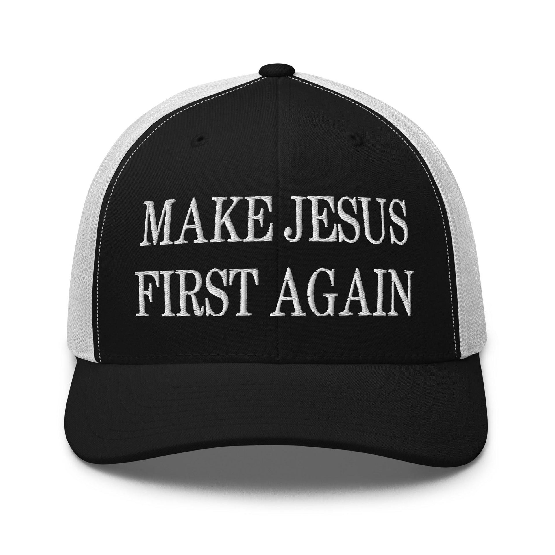 Make Jesus First Again Embroidered Mesh Trucker Hat Black White Capital Crowns Religious Trucker Hats