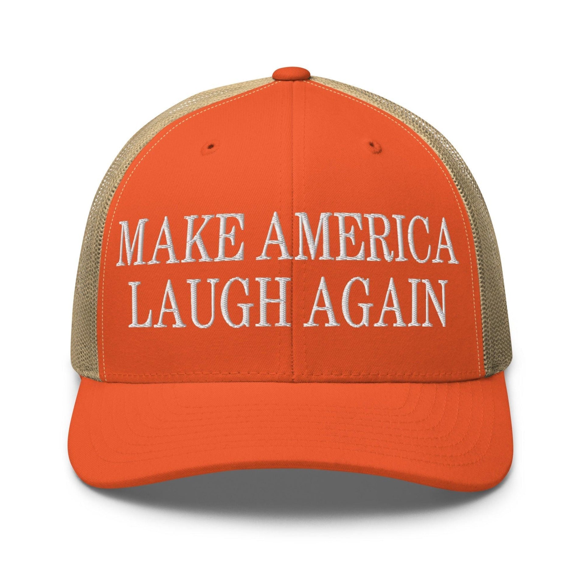 Make Us Laugh Again Mesh Trucker Hat Rustic Orange Khaki Capital Crowns LADs Liberal Make Again Trucker Hats