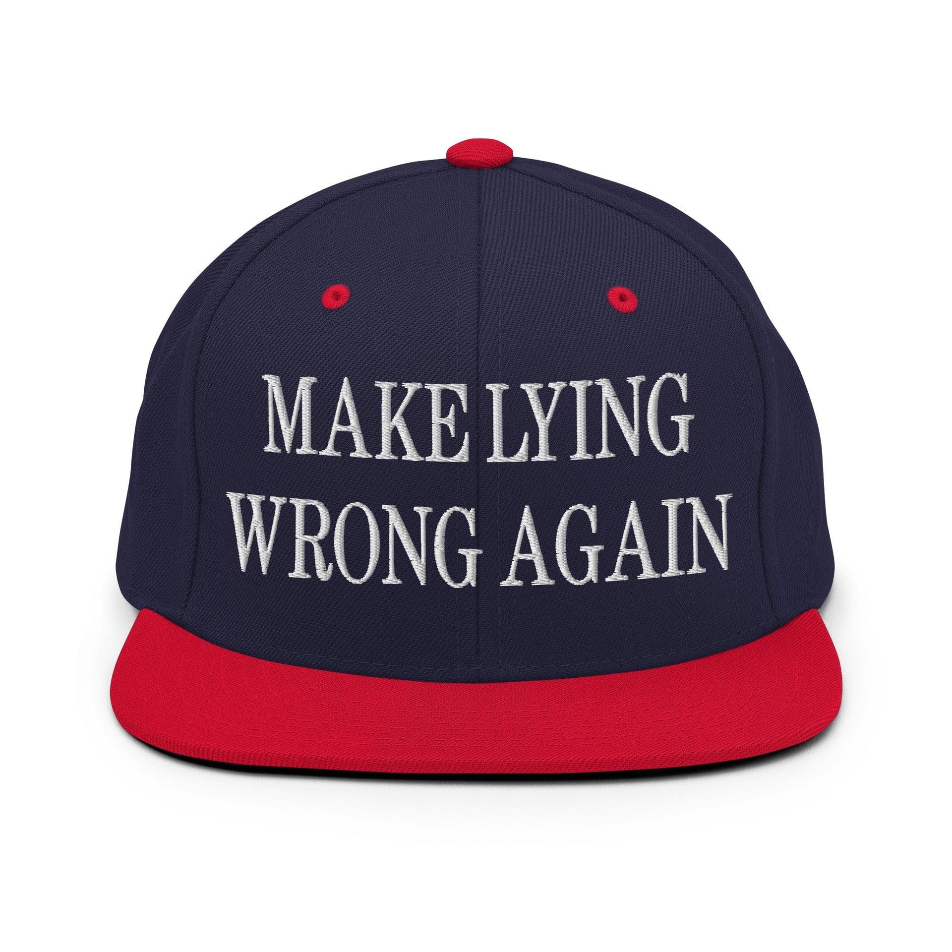 Make Lying Wrong Again Embroidered Flat Bill Brim Snapback Hat Navy Red Capital Crowns LADs Make Again
