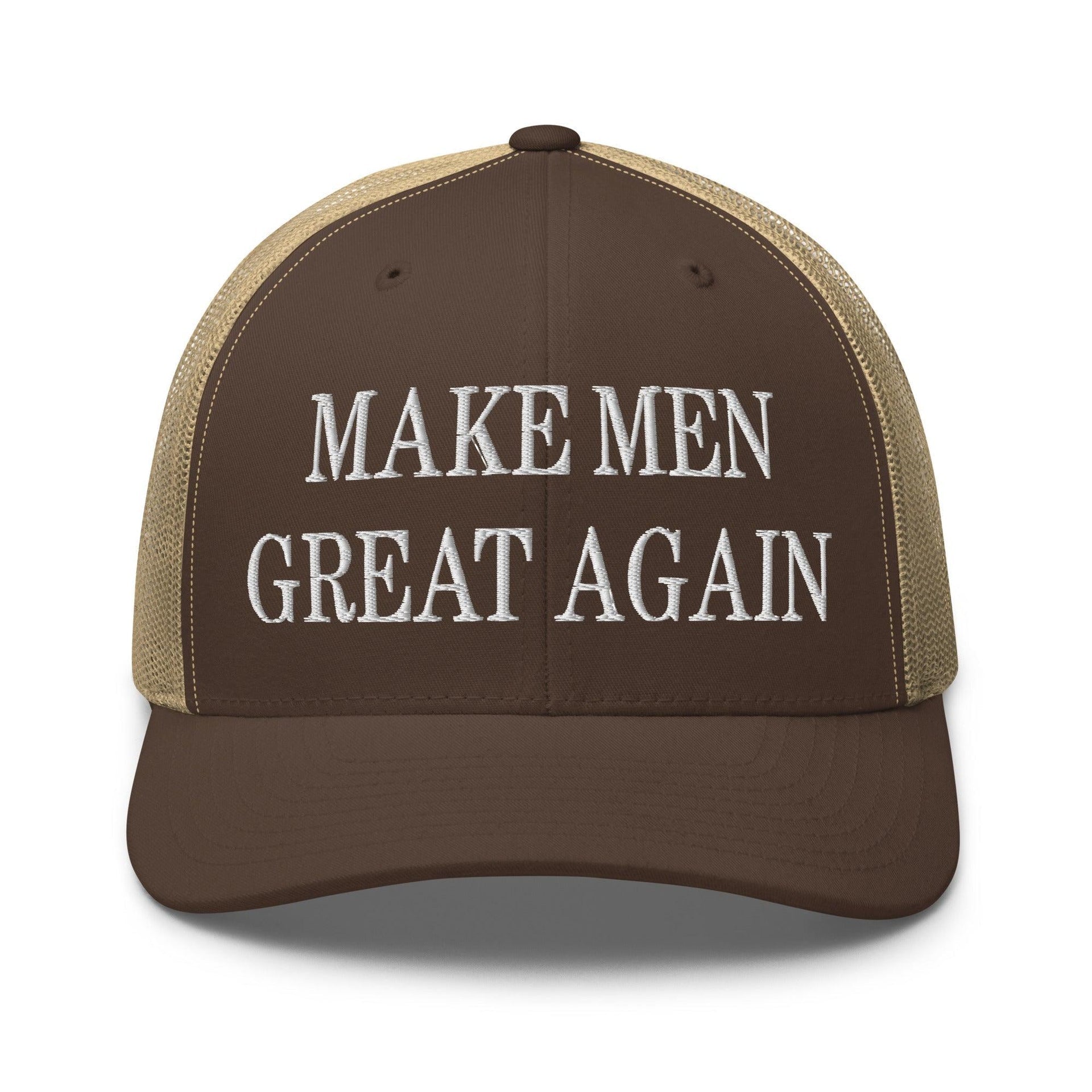 Make Men Great Again Embroidered Mesh Trucker Hat Brown Khaki Capital Crowns Make Again Trucker Hats