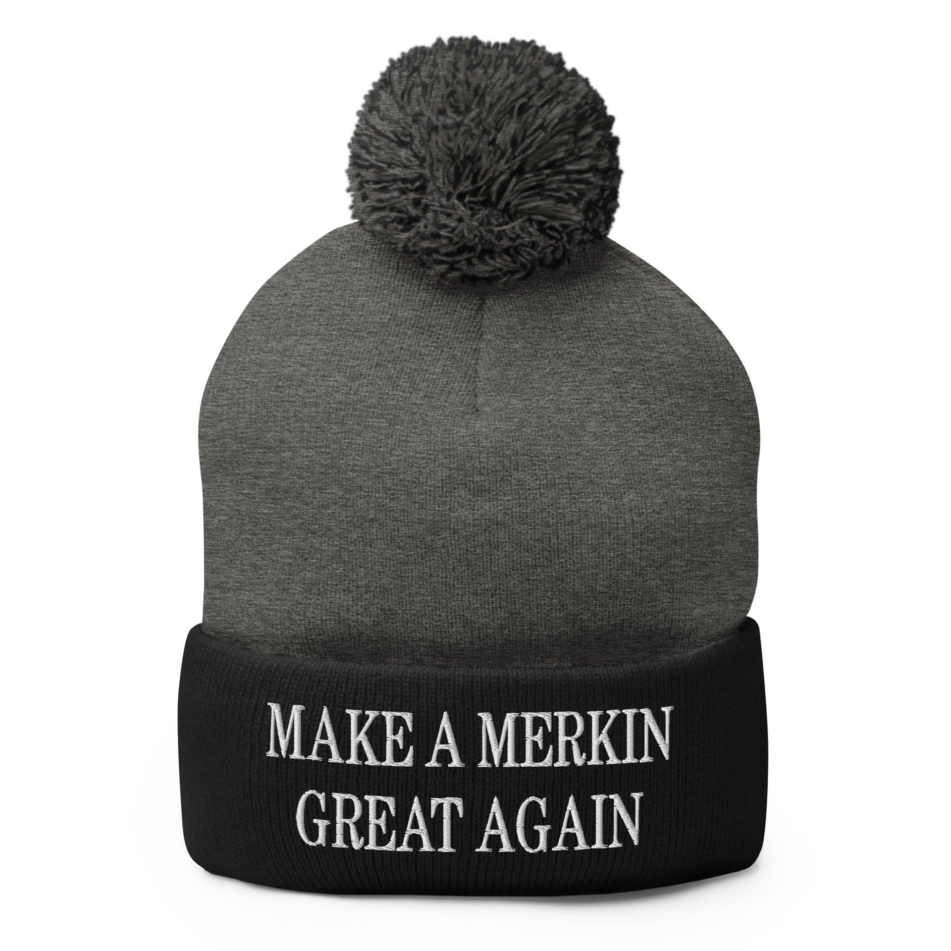 Make A Merkin Great Again Embroidered Knit Pom Pom Beanie Dark Heather Grey Black Beanies Capital Crowns Make Again