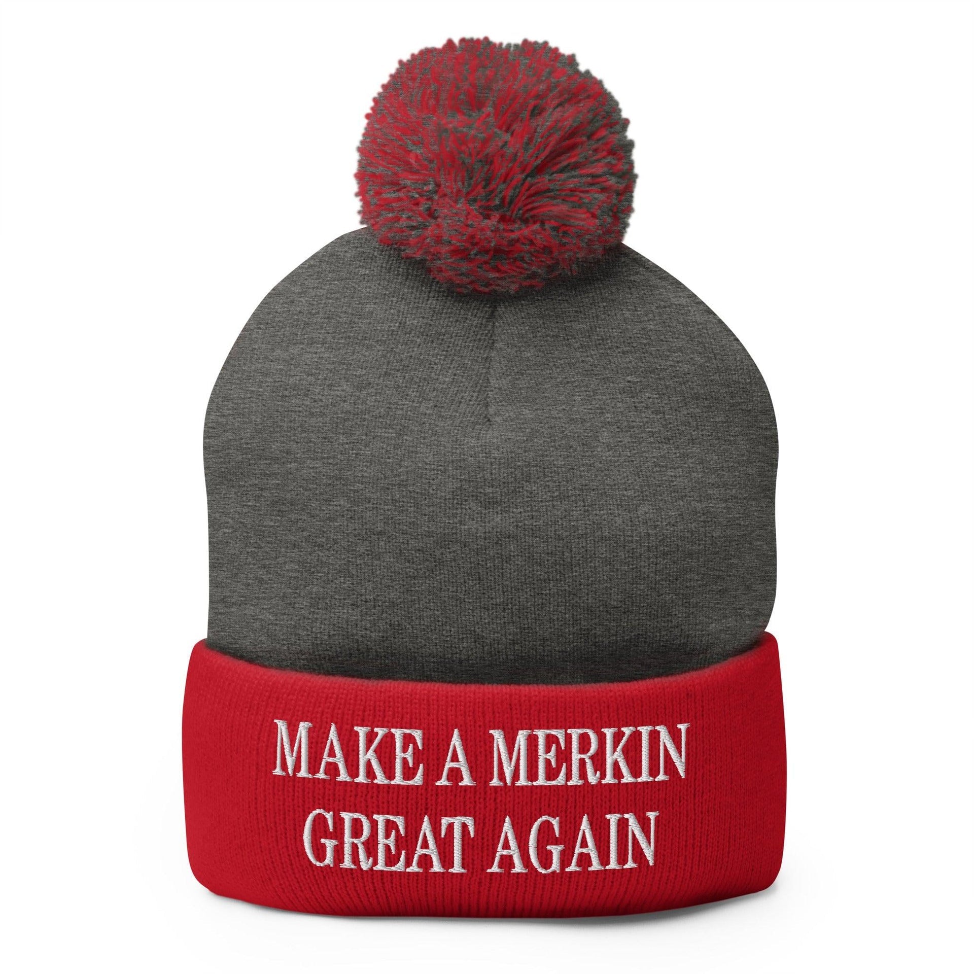 Make A Merkin Great Again Embroidered Knit Pom Pom Beanie Dark Heather Grey Red Beanies Capital Crowns Make Again