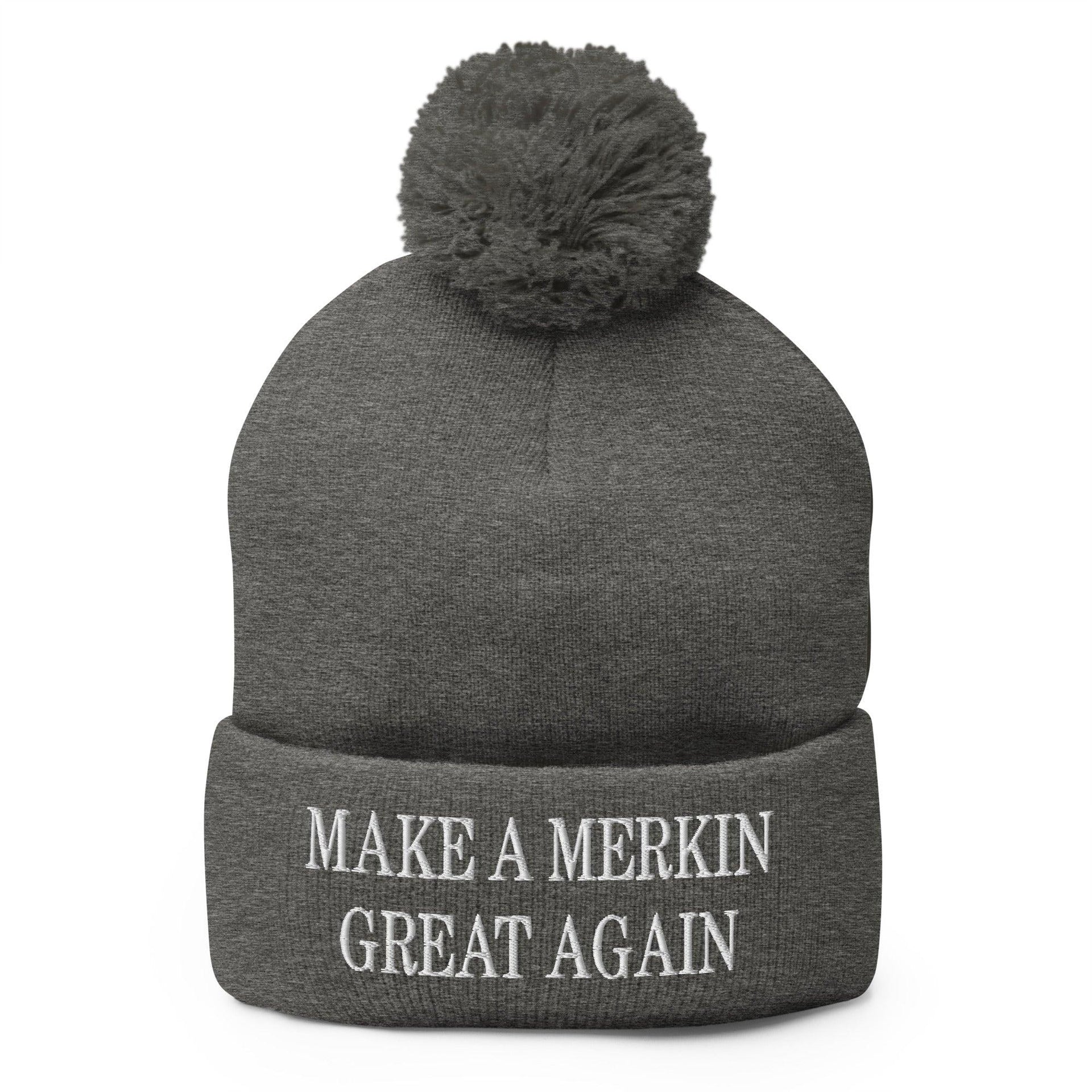 Make A Merkin Great Again Embroidered Knit Pom Pom Beanie Dark Heather Grey Beanies Capital Crowns Make Again