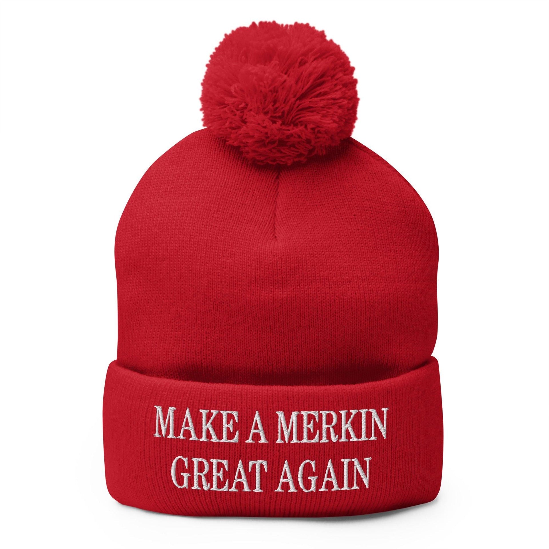 Make A Merkin Great Again Embroidered Knit Pom Pom Beanie Red Beanies Capital Crowns Make Again