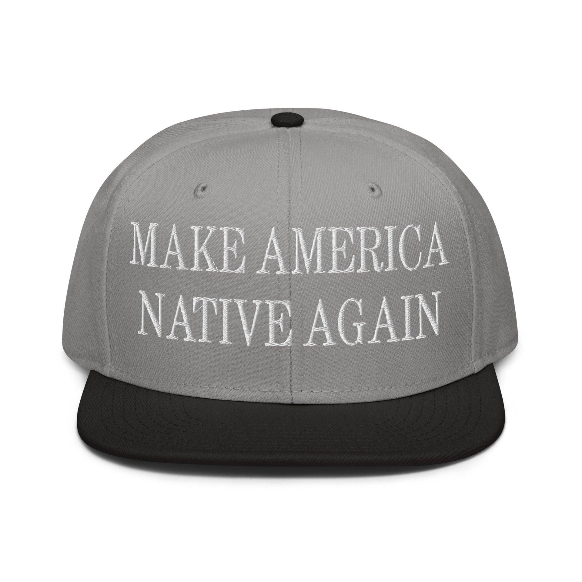 Make Us Native Again Embroidered Flat Brim Bill Snapback Hat Black Gray Gray Capital Crowns LADs Make Again Snapback Hats