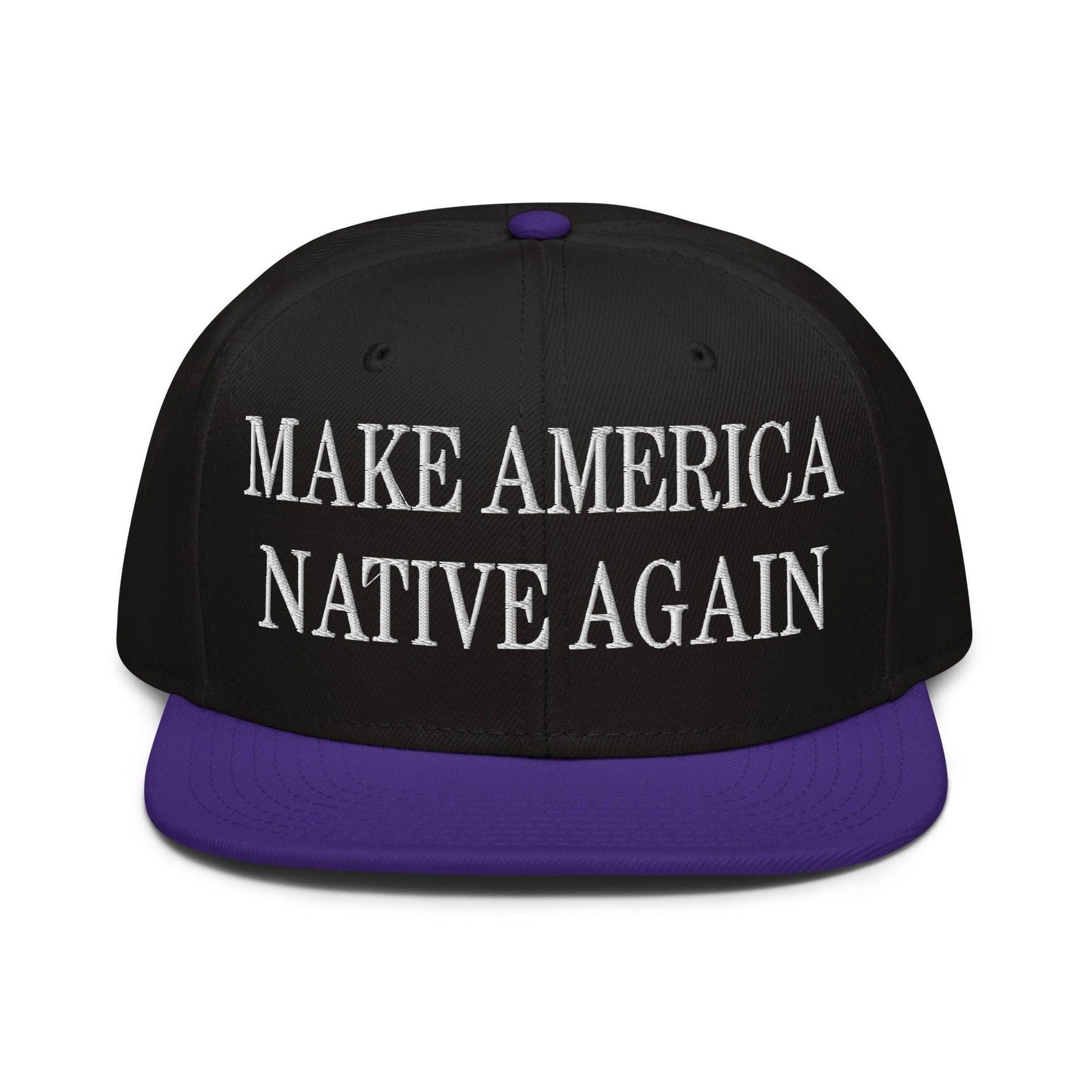 Make Us Native Again Embroidered Flat Brim Bill Snapback Hat Purple Black Black Capital Crowns LADs Make Again Snapback Hats