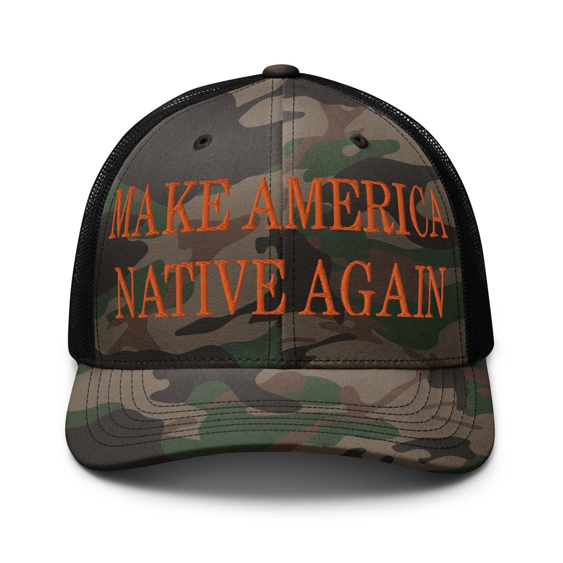 Make Us Native Again Embroidered Orange Camo Trucker Hat Camo Black Capital Crowns Make Again Orange Camo Trucker Hats
