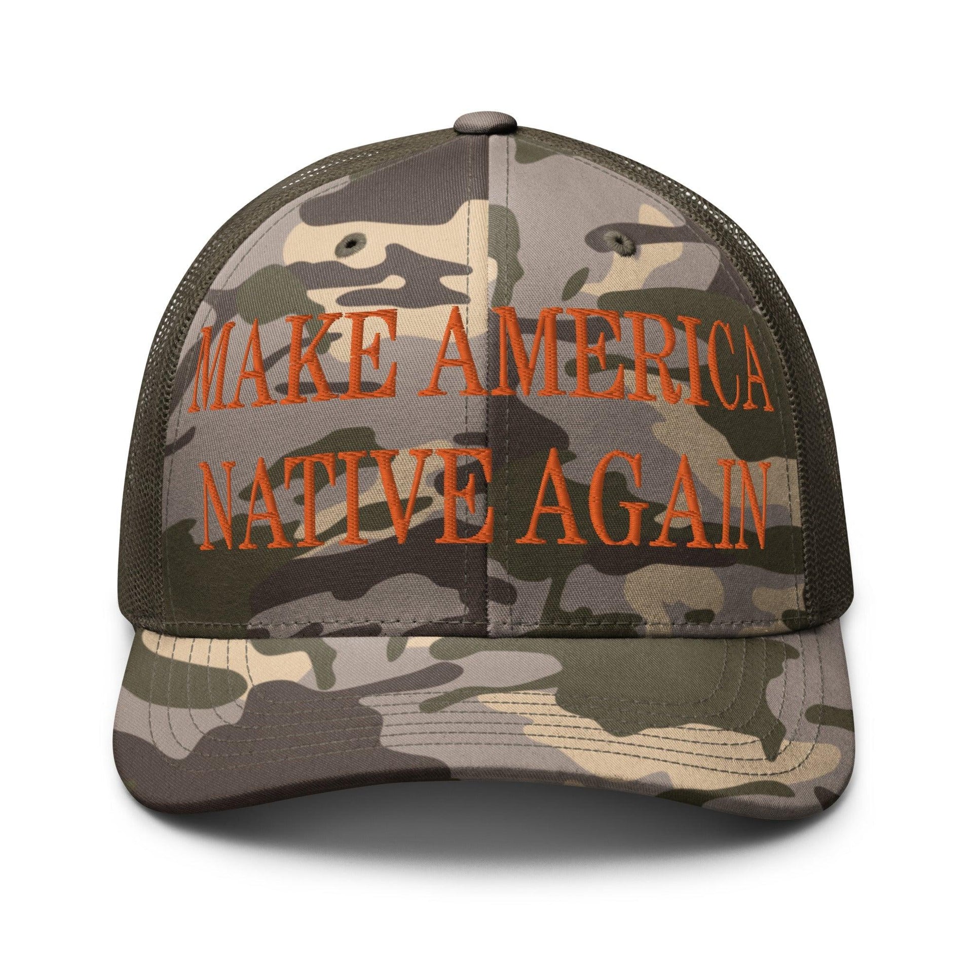 Make Us Native Again Embroidered Orange Camo Trucker Hat Camo Olive Capital Crowns Make Again Orange Camo Trucker Hats