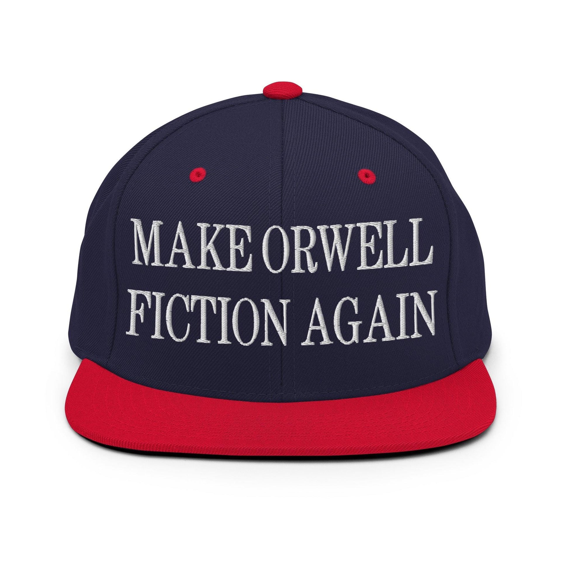 Make Orwell Fiction Again Embroidered Flat Bill Brim Snapback Hat Navy Red Capital Crowns LADs Make Again