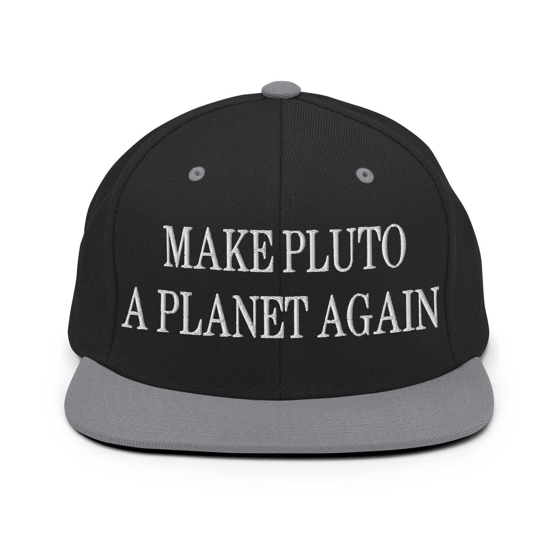 Make Pluto a Planet Again Embroidered Flat Bill Brim Snapback Hat Black Silver Capital Crowns Make Again