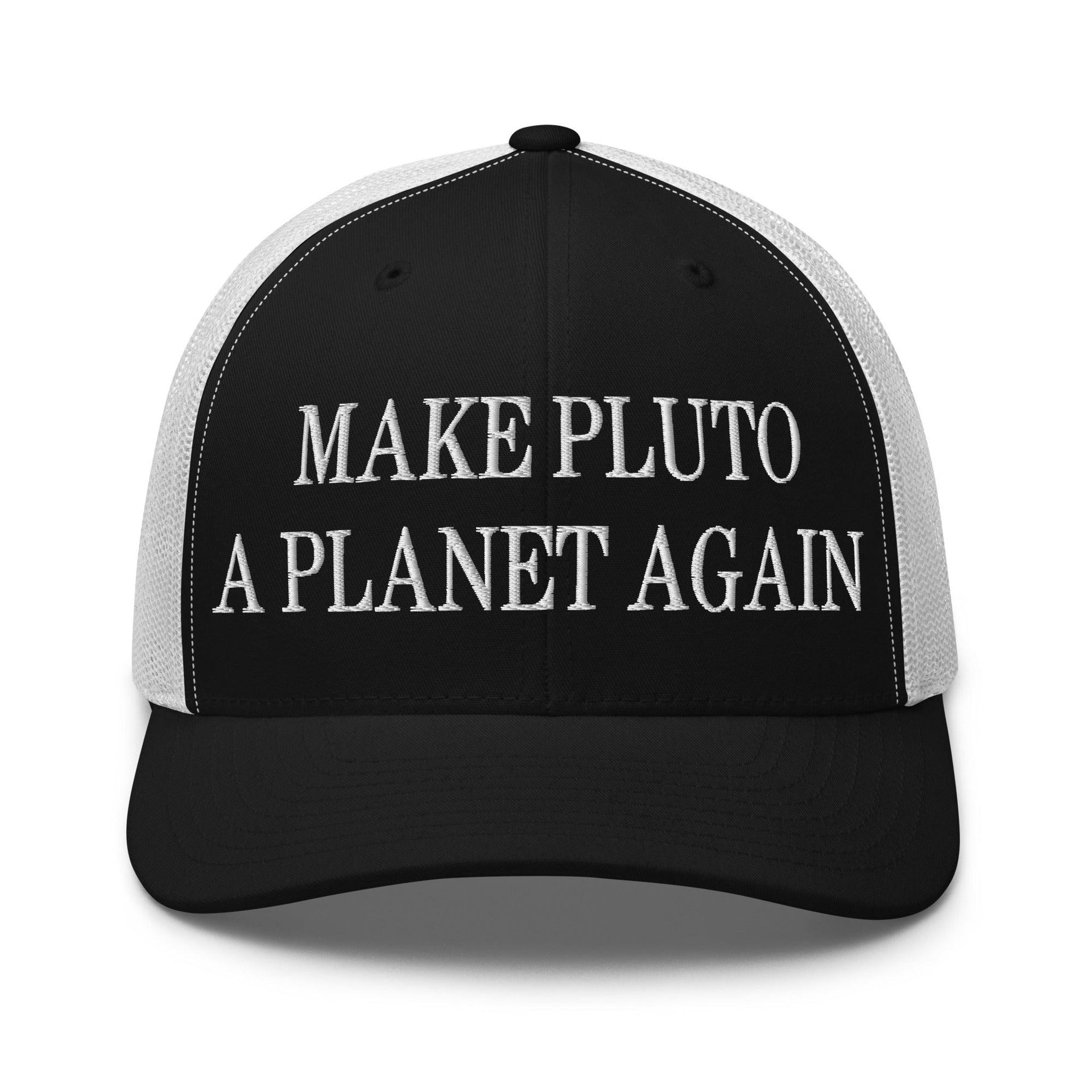 Make Pluto a Planet Again Embroidered Mesh Trucker Hat Black White Capital Crowns Make Again Trucker Hats