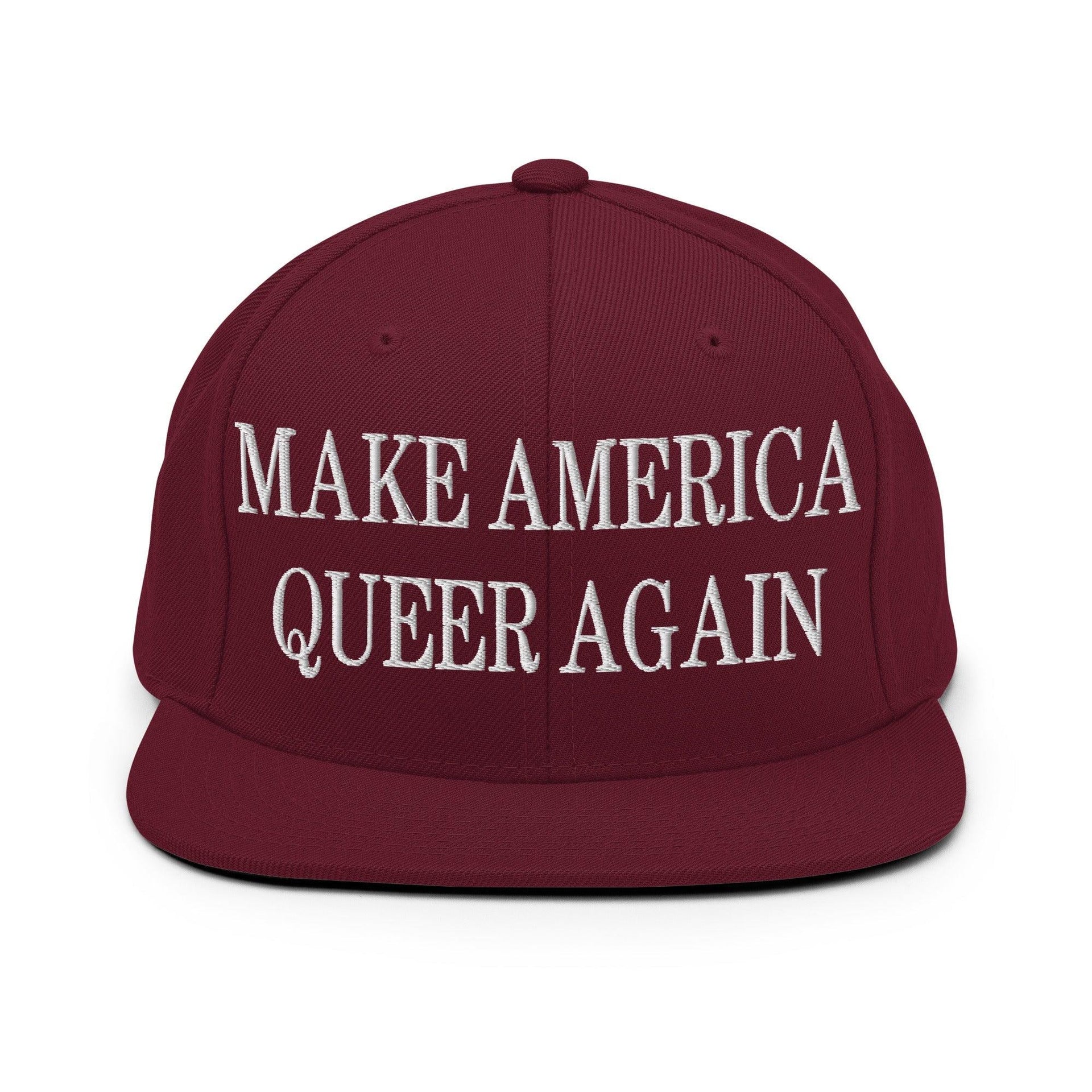 Make Us Queer Again Embroidered Flat Bill Brim Snapback Hat Maroon Capital Crowns Make Again