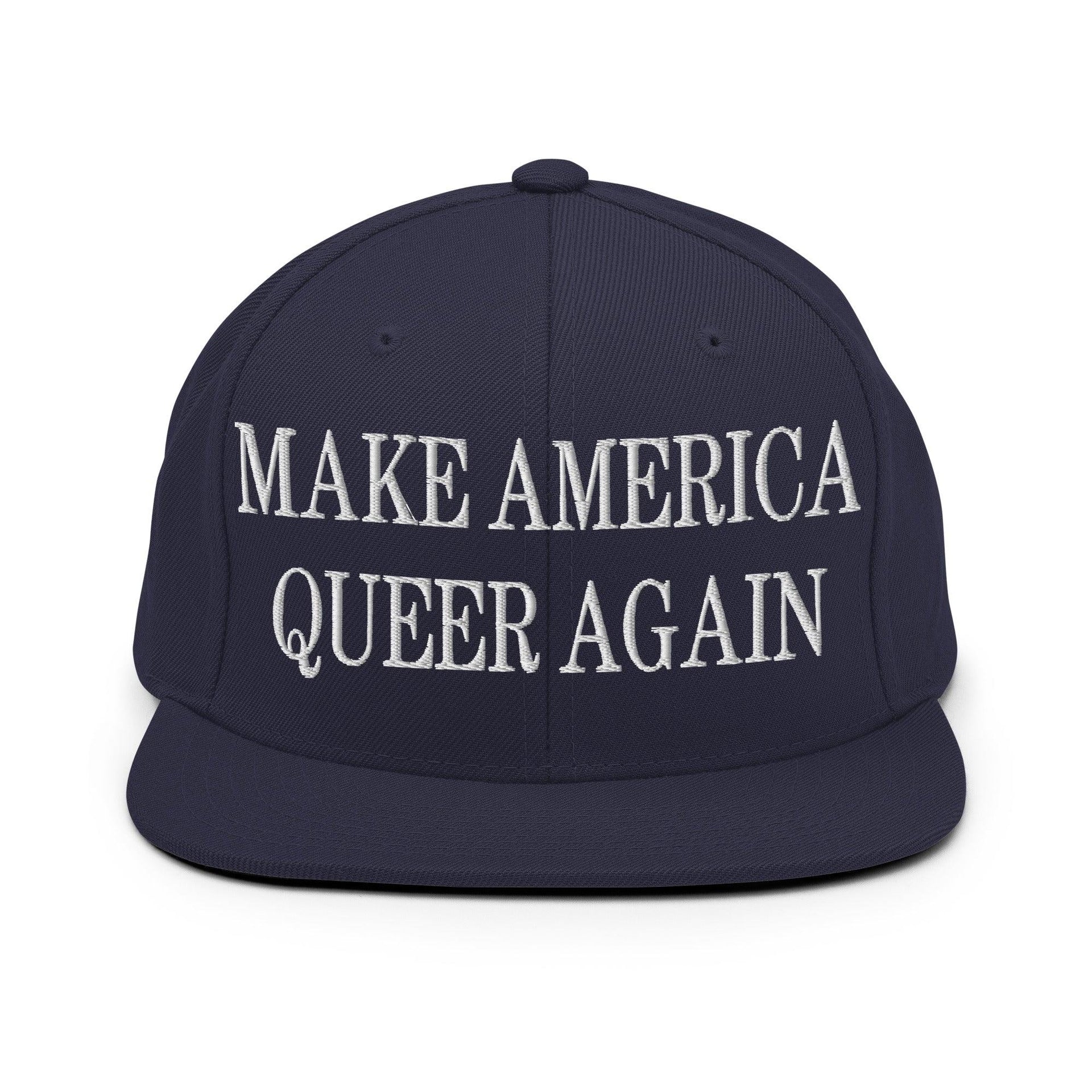 Make Us Queer Again Embroidered Flat Bill Brim Snapback Hat Navy Capital Crowns Make Again