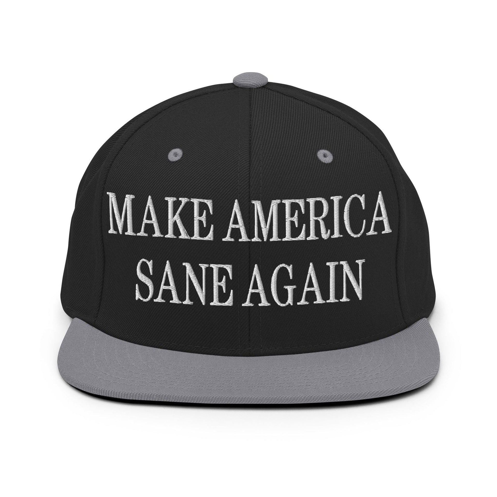 Make Us Sane Again Embroidered Flat Bill Brim Snapback Hat Black Silver Capital Crowns Make Again
