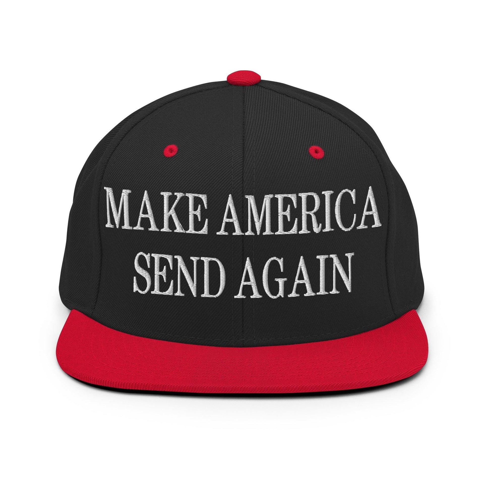 Make Us Send Again Embroidered Flat Bill Brim Snapback Hat Black Red Capital Crowns Make Again