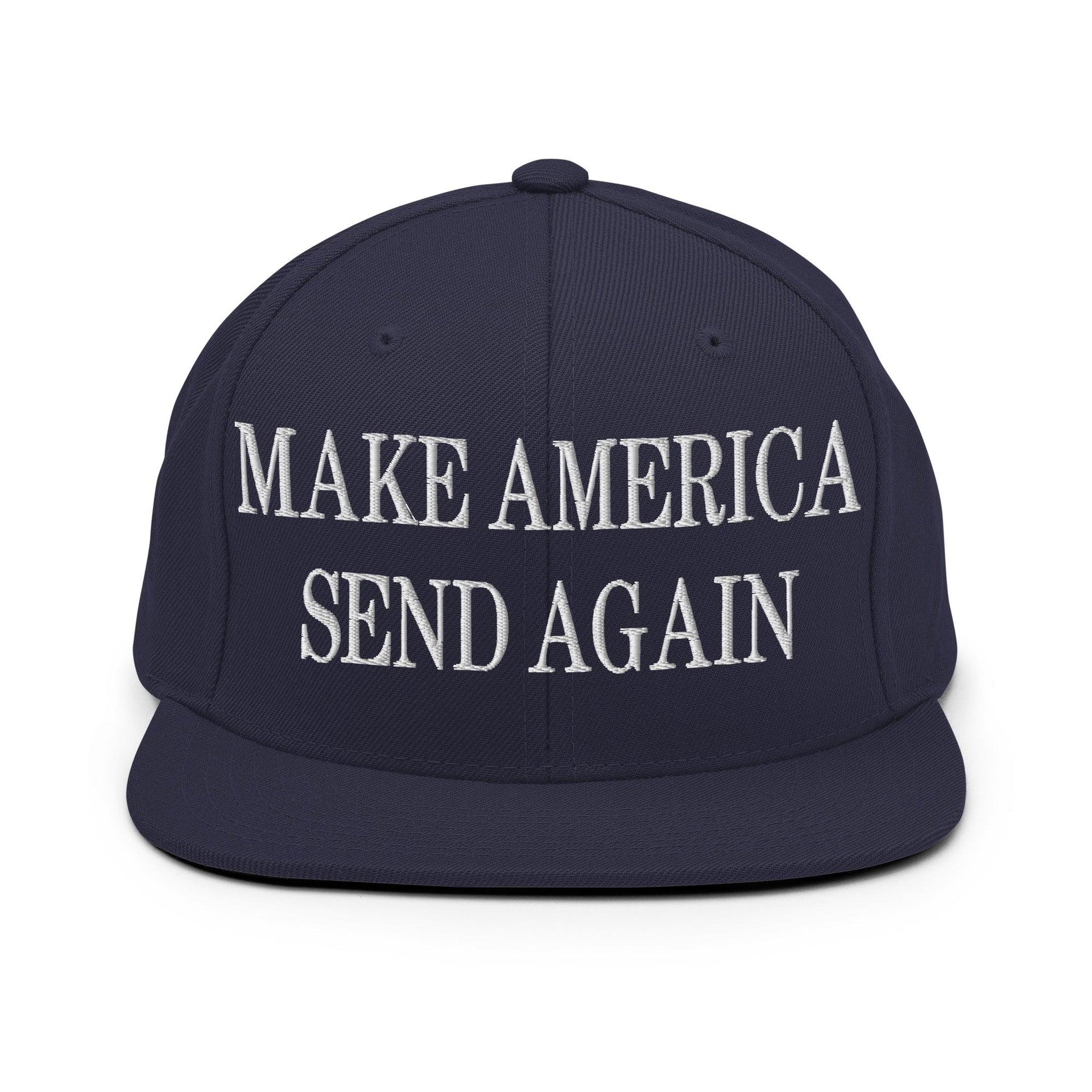 Make Us Send Again Embroidered Flat Bill Brim Snapback Hat Navy Capital Crowns Make Again