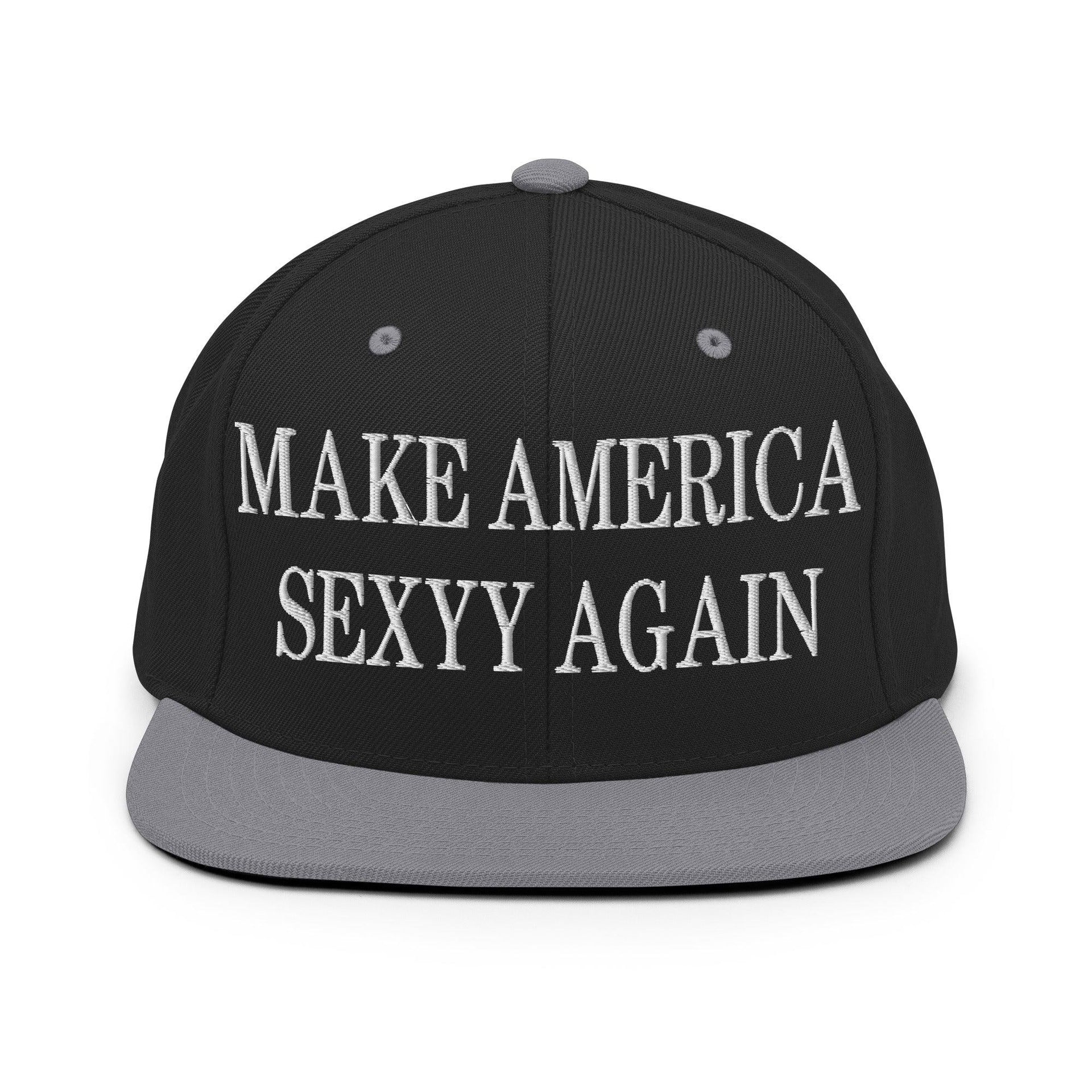 Make Us Sexyy Again Embroidered Flat Bill Brim Snapback Hat Black Silver Capital Crowns Make Again