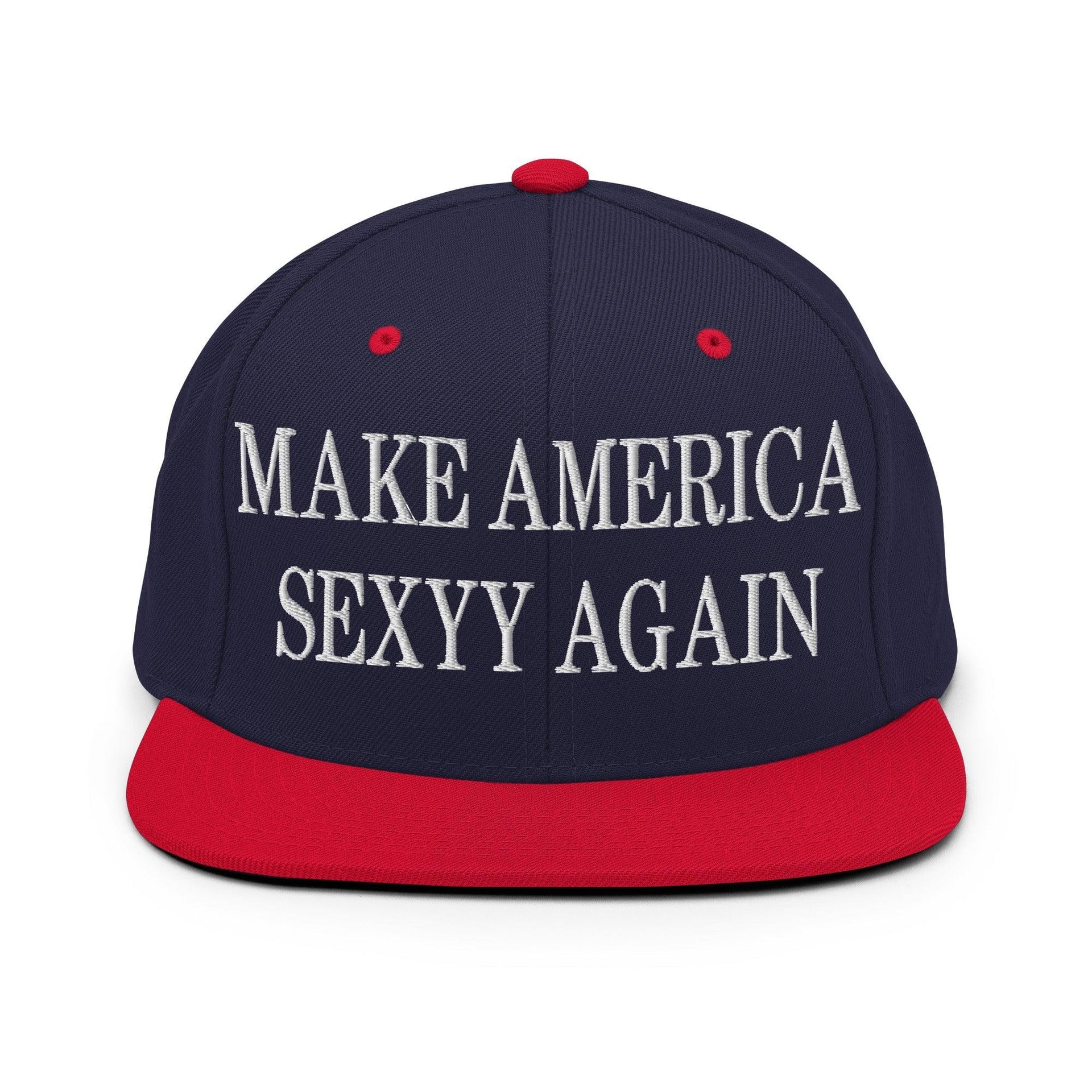Make Us Sexyy Again Embroidered Flat Bill Brim Snapback Hat Navy Red Capital Crowns Make Again