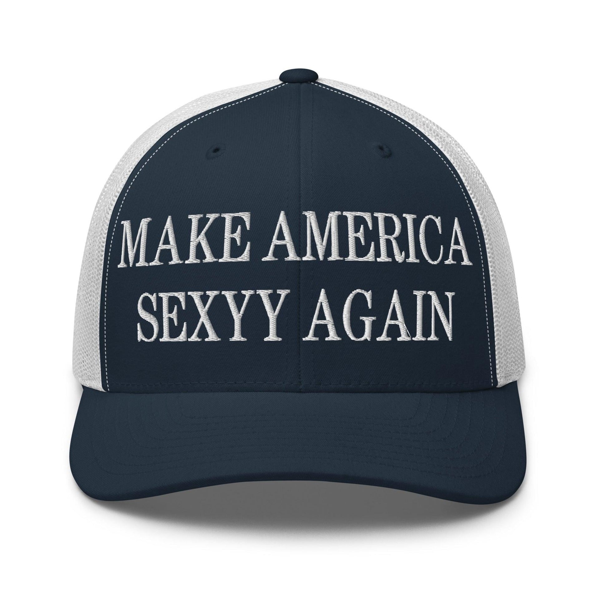 Make Us Sexyy Again Embroidered Mesh Trucker Hat Navy White Capital Crowns Make Again Trucker Hats