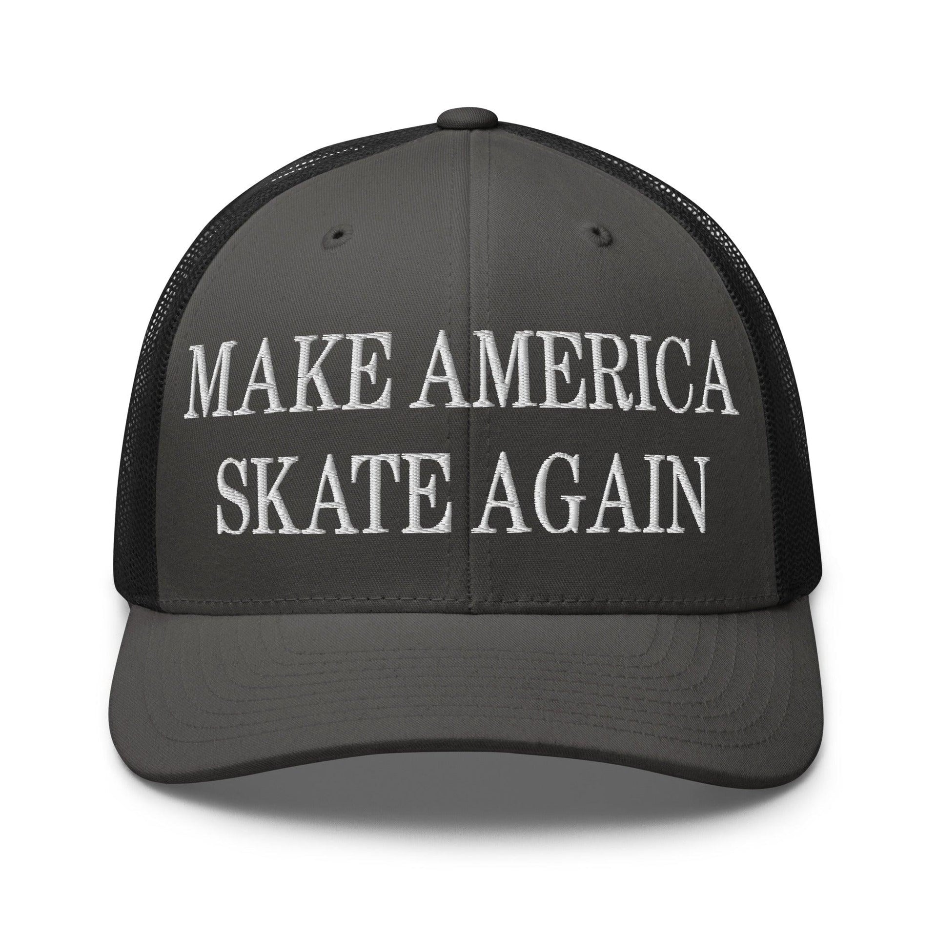 Make Us Skate Again Embroidered Mesh Trucker Hat Charcoal Black Capital Crowns Make Again Trucker Hats