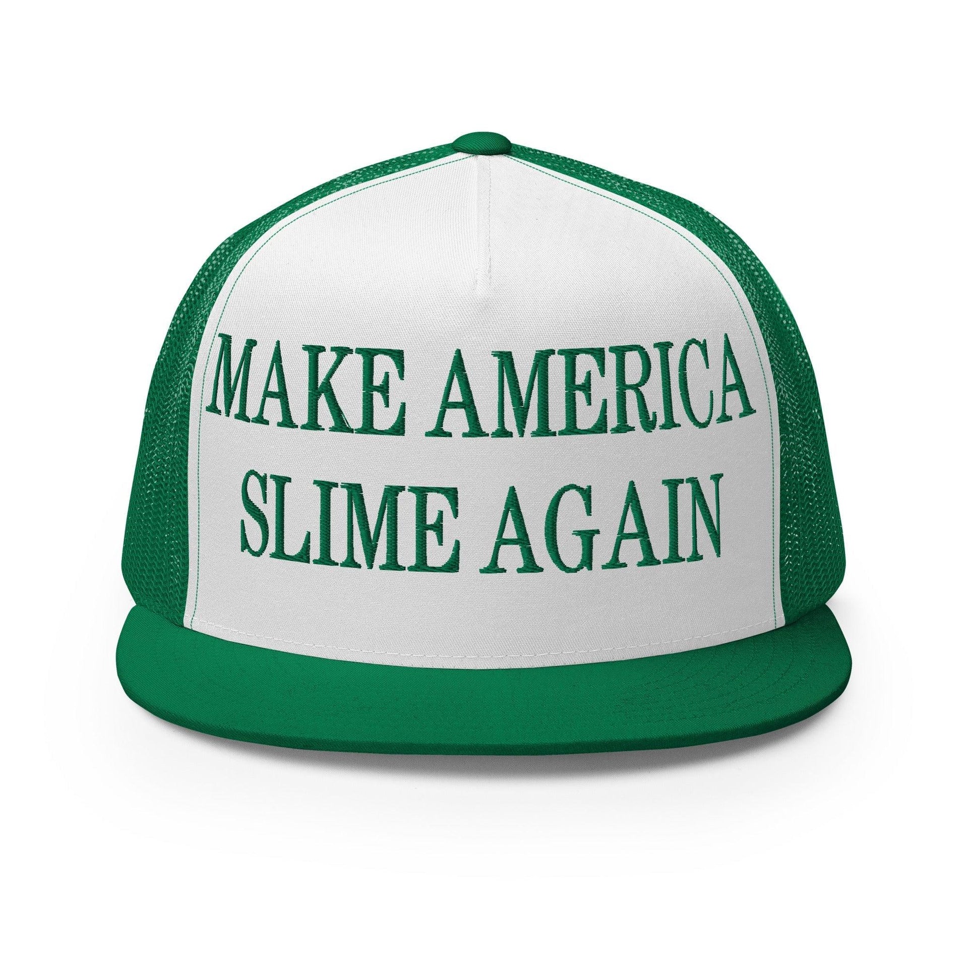 Make Us Slime Again Embroidered Flat Bill Brim Trucker Hat Kelly White Kelly Capital Crowns Make Again Trucker Hats