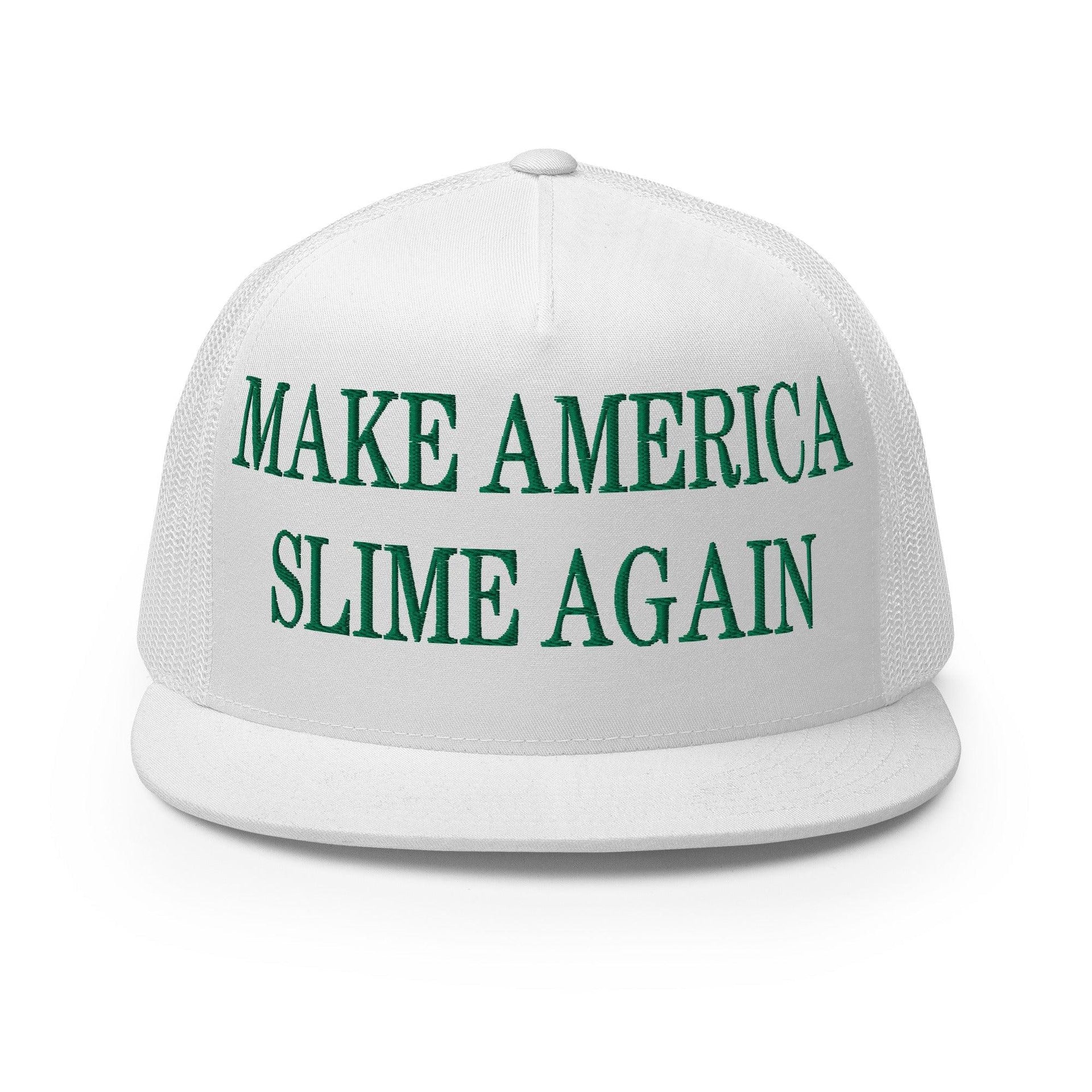 Make Us Slime Again Embroidered Flat Bill Brim Trucker Hat White Capital Crowns Make Again Trucker Hats