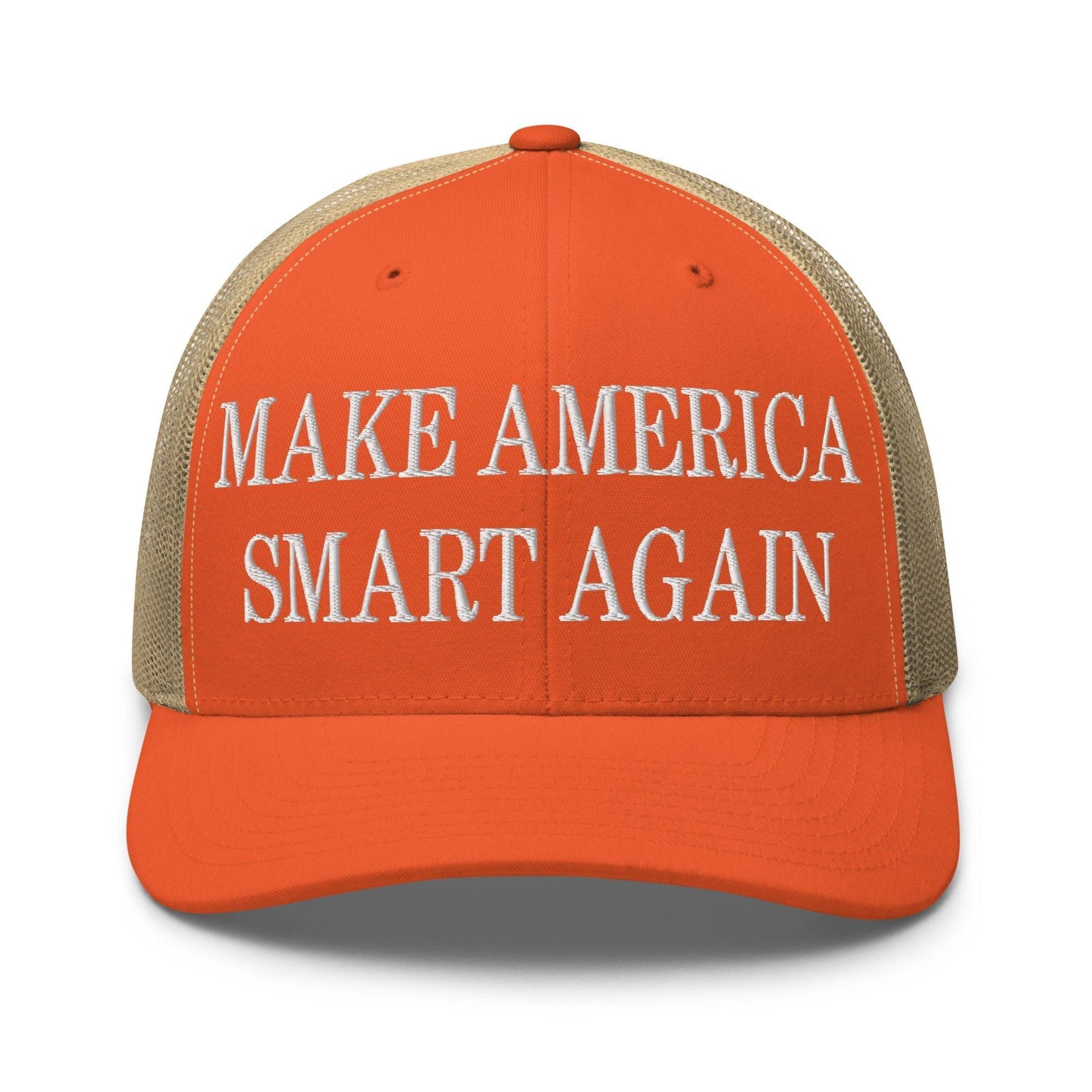 Make Us Smart Again Embroidered Mesh Trucker Hat Rustic Orange Khaki Capital Crowns Make Again Trucker Hats