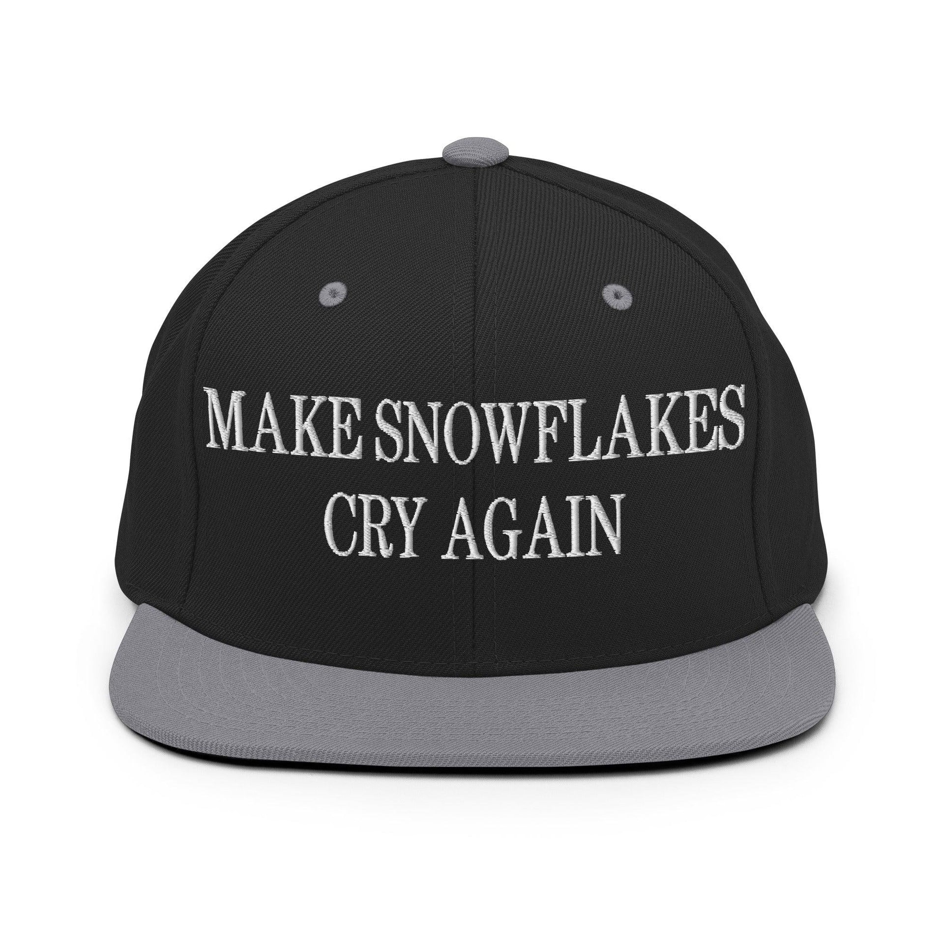 Make Snowflakes Cry Again Embroidered Flat Bill Brim Snapback Hat Black Silver Capital Crowns Make Again