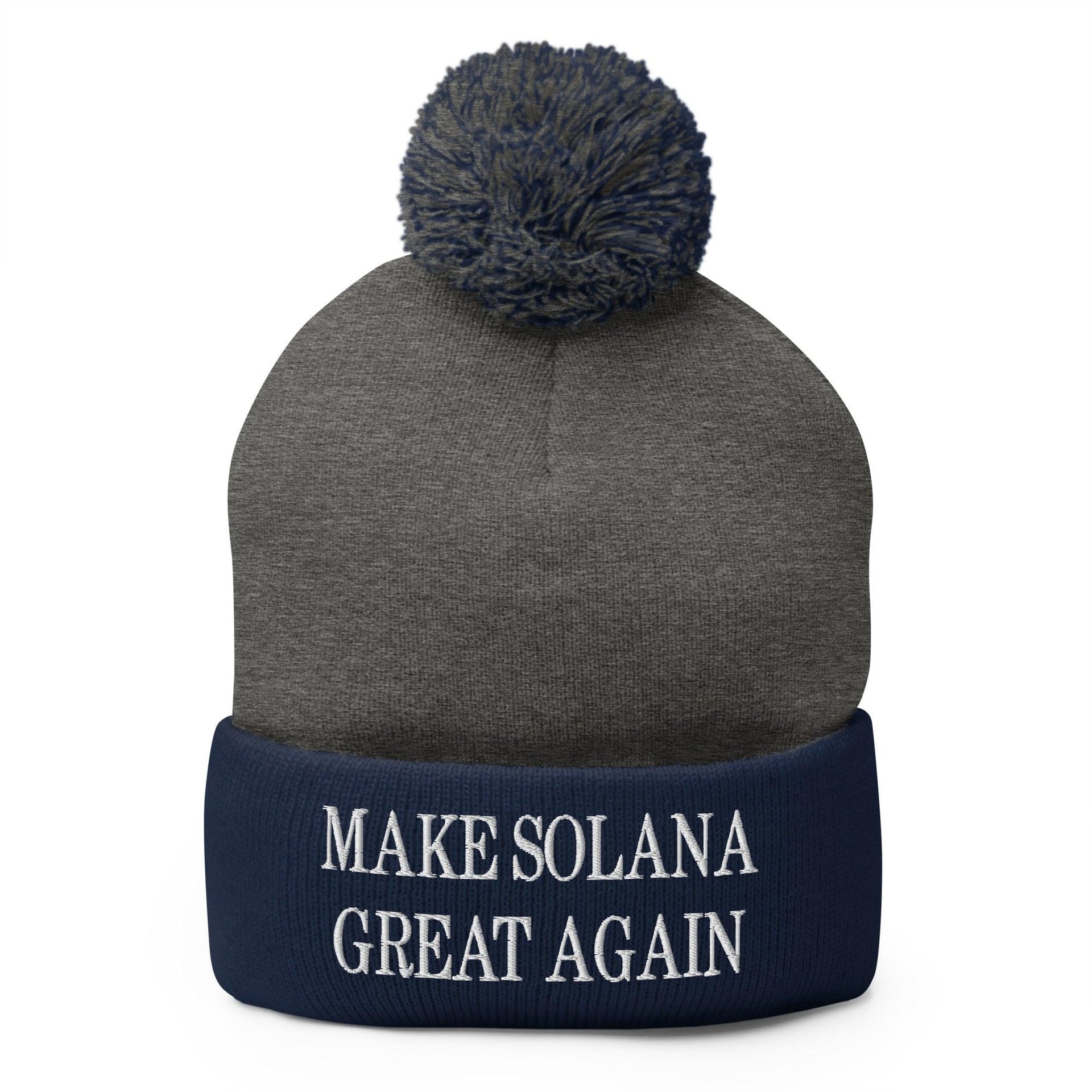 Make Solana Great Again Embroidered Pom Pom Knit Beanie Dark Heather Grey Navy Beanies Capital Crowns Crypto Make Again