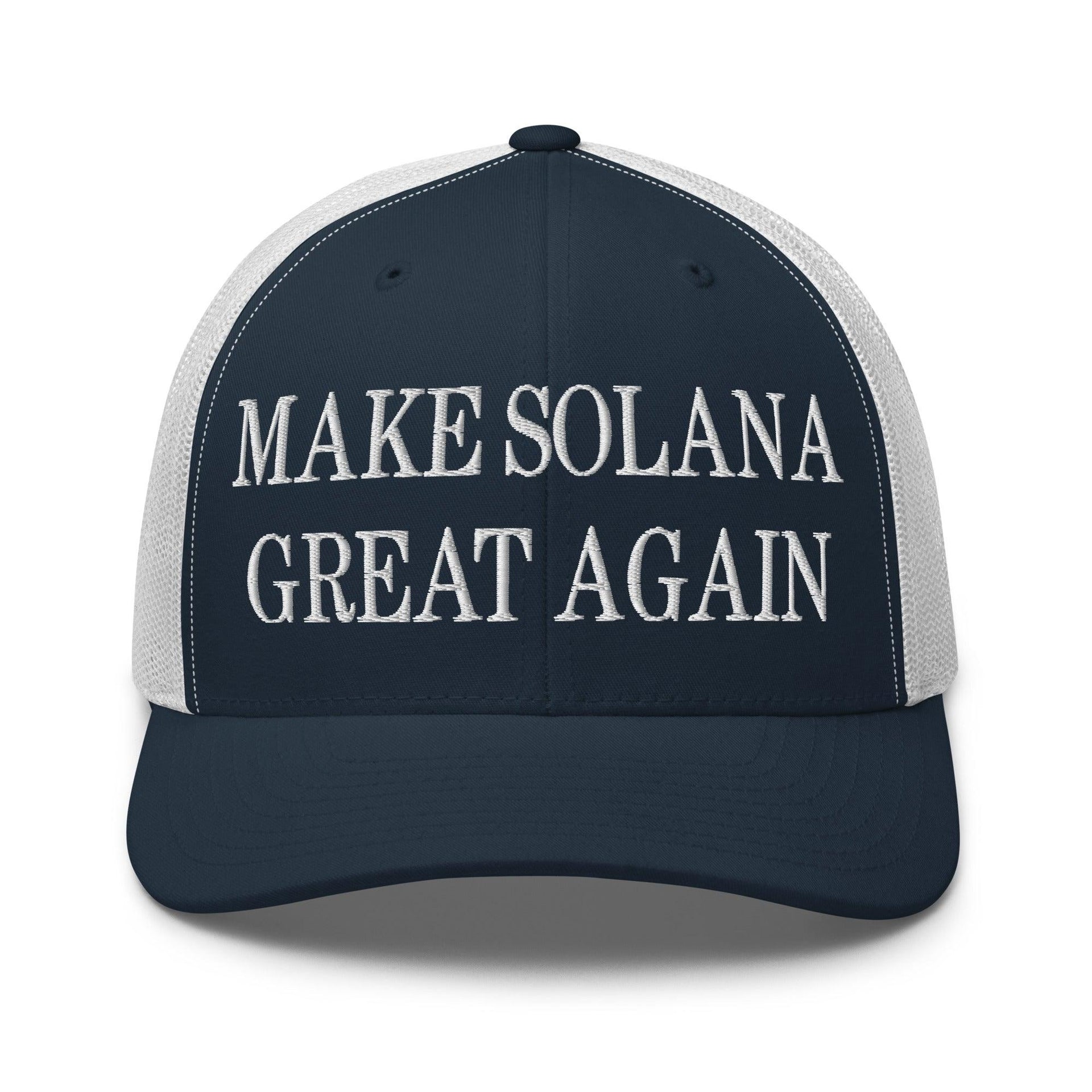 Make Solana Great Again Embroidered Retro Mesh Trucker Hat Navy White Capital Crowns Crypto Make Again Trucker Hats