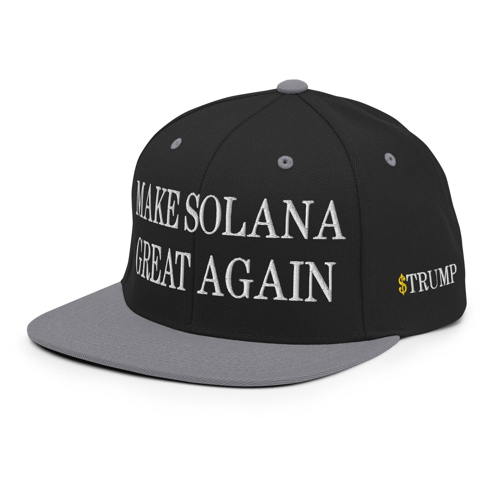 Make Solana Great Again $Trump Official Trump Meme Coin Embroidered Flat Brim Bill Snapback Hat Black Silver Capital Crowns Crypto LADs Make Again Snapback Hats