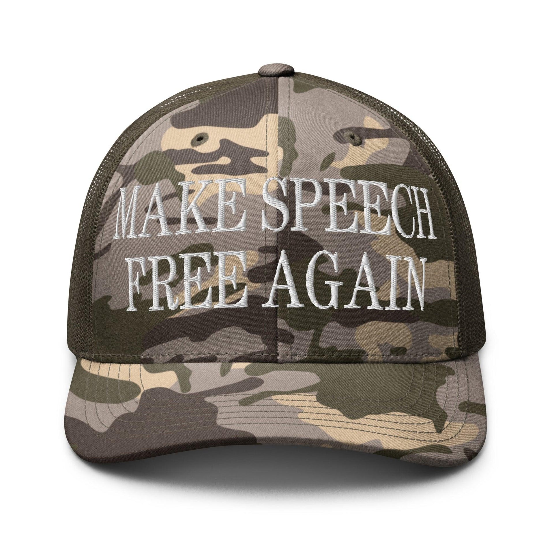 Make Speech Free Again Camo Trucker Hat Camo Olive Capital Crowns LADs Make Again Trucker Hats