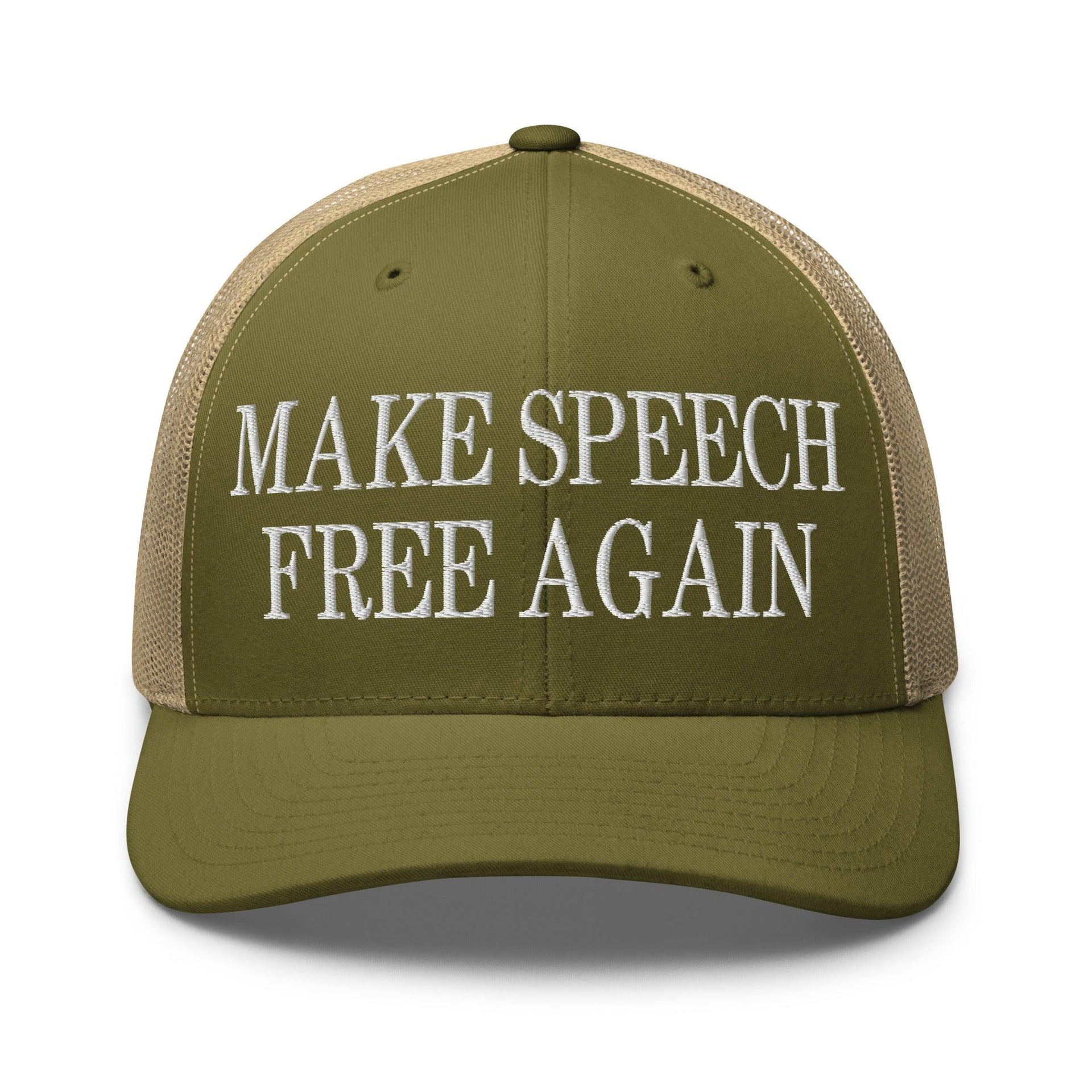 Make Speech Free Again Retro Trucker Hat Moss Khaki Capital Crowns LADs Make Again Trucker Hats