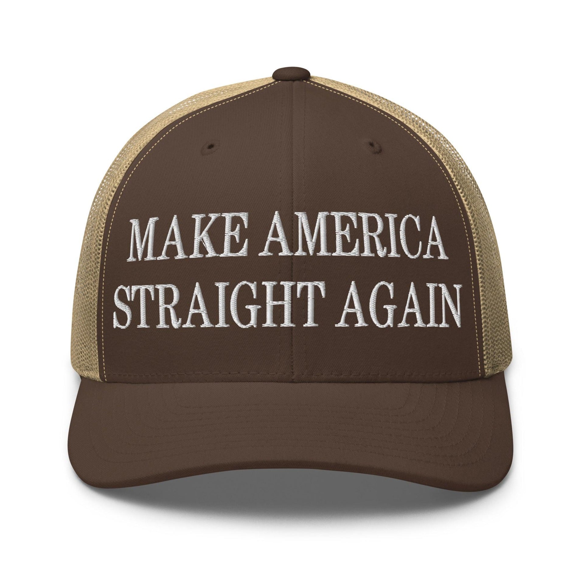 Make Us Straight Again Embroidered Mesh Trucker Hat Brown Khaki Capital Crowns Make Again Trucker Hats