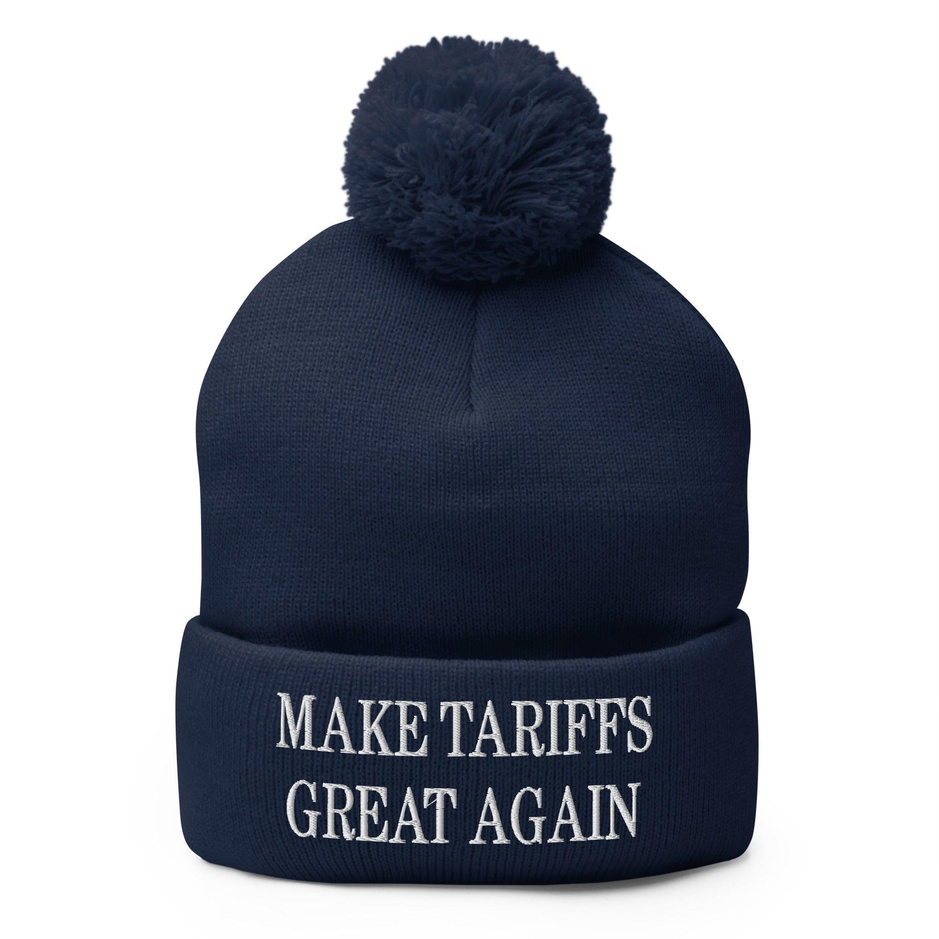 Make Tariffs Great Again Embroidered Knit Pom Pom Beanie Navy Beanies Capital Crowns Make Again
