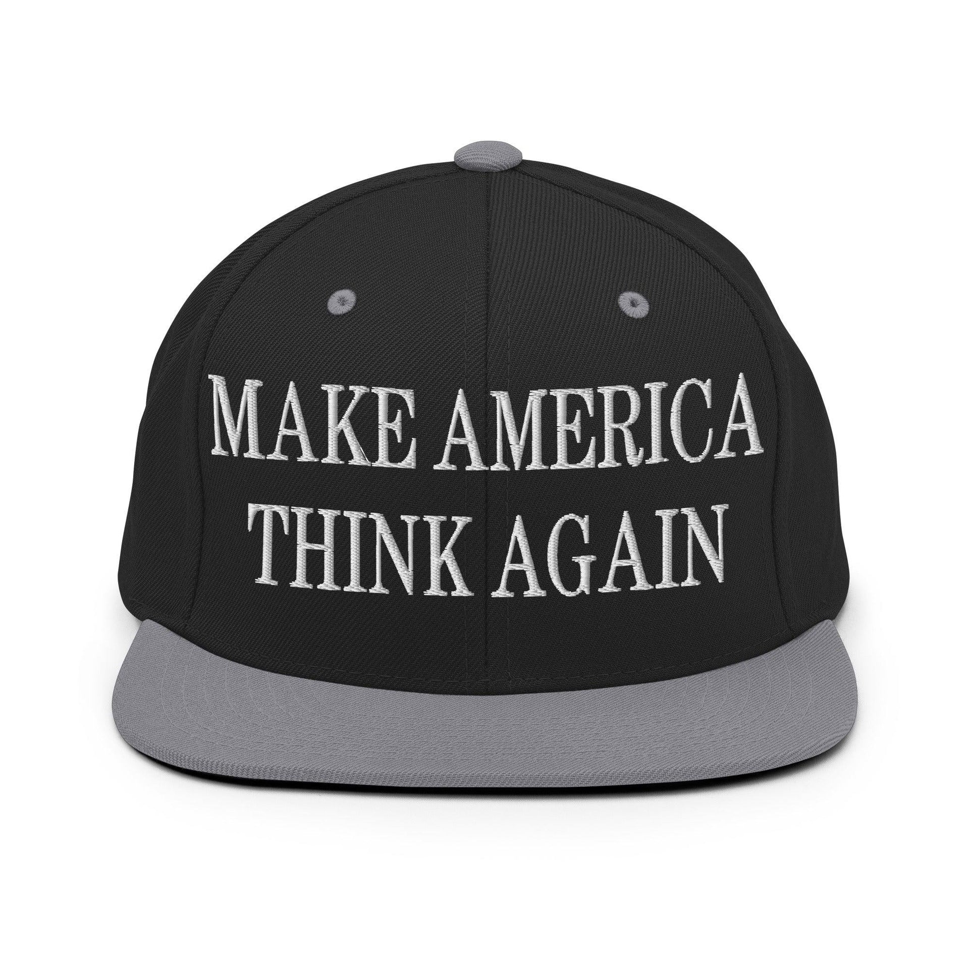 Make Us Think Again Embroidered Flat Bill Brim Snapback Hat Black Silver Capital Crowns Make Again