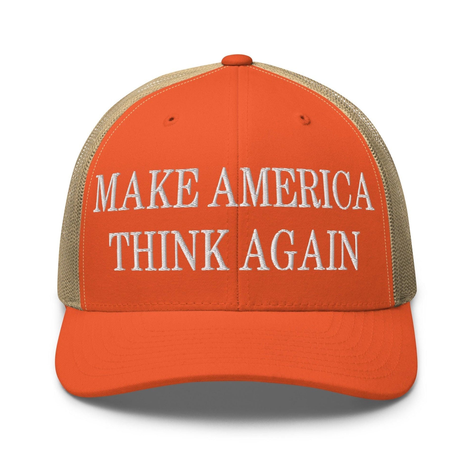 Make Us Think Again Embroidered Mesh Trucker Hat Rustic Orange Khaki Capital Crowns Make Again Trucker Hats