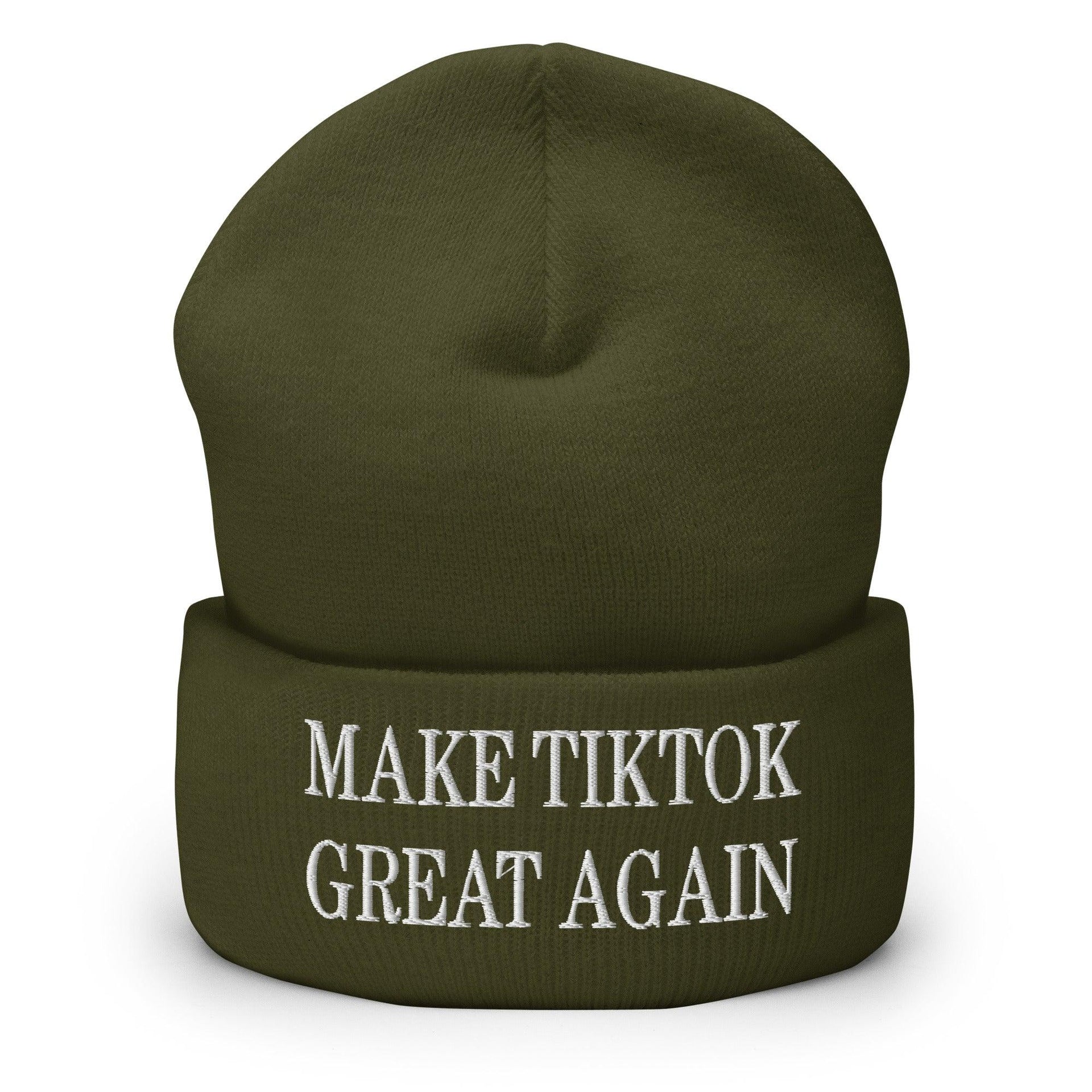 Make TikTok Great Again Embroidered Knit Cuffed Beanie Olive Beanies Capital Crowns LADs Make Again