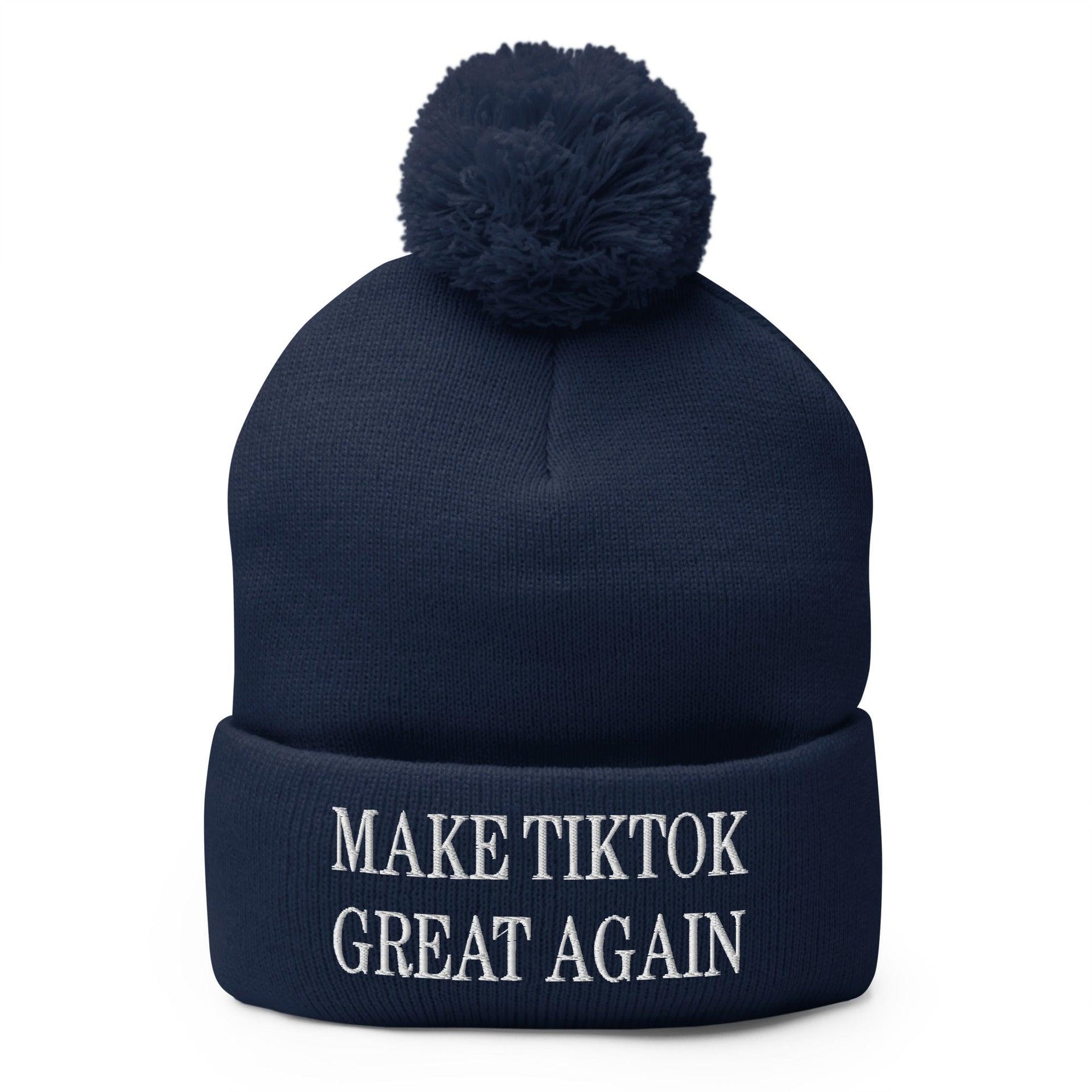 Make TikTok Great Again Embroidered Knit Pom Pom Beanie Navy Beanies Capital Crowns Make Again