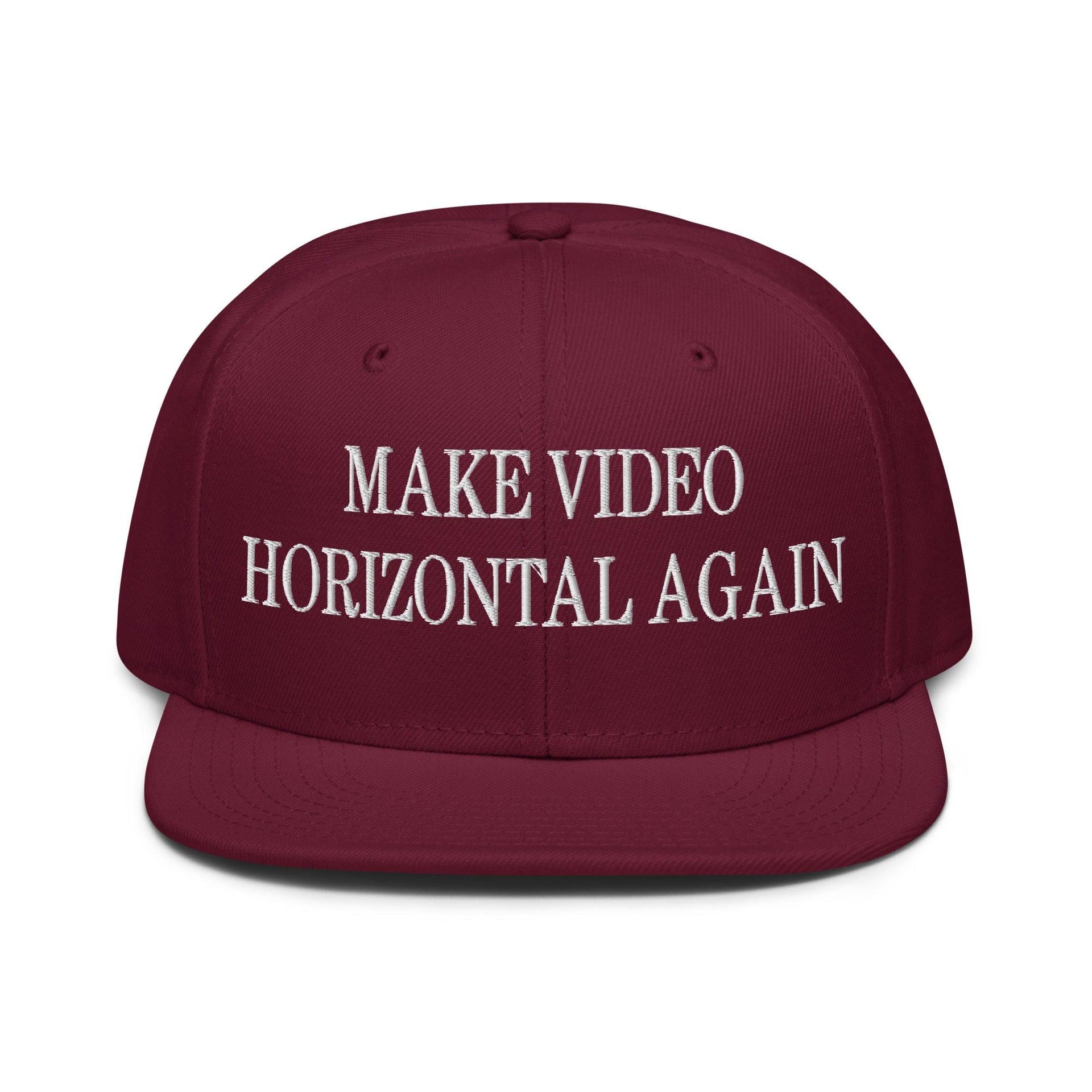 Make Video Horizontal Again Embroidered Flat Brim Bill Snapback Hat Burgundy maroon Capital Crowns LADs Make Again Snapback Hats