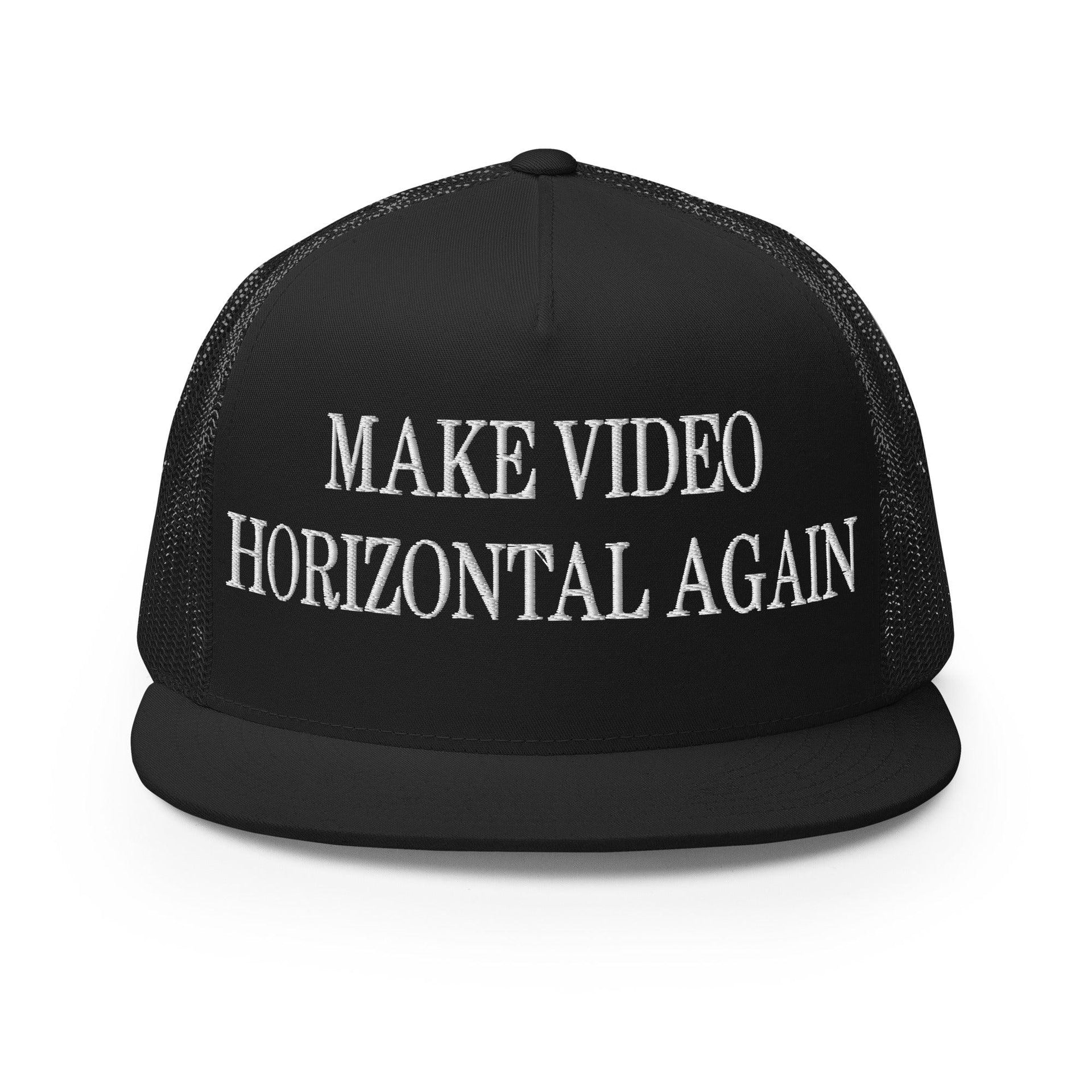 Make Video Horizontal Again Embroidered Mesh Flat Bill Brim Trucker Hat Black Capital Crowns LADs Make Again Trucker Hats