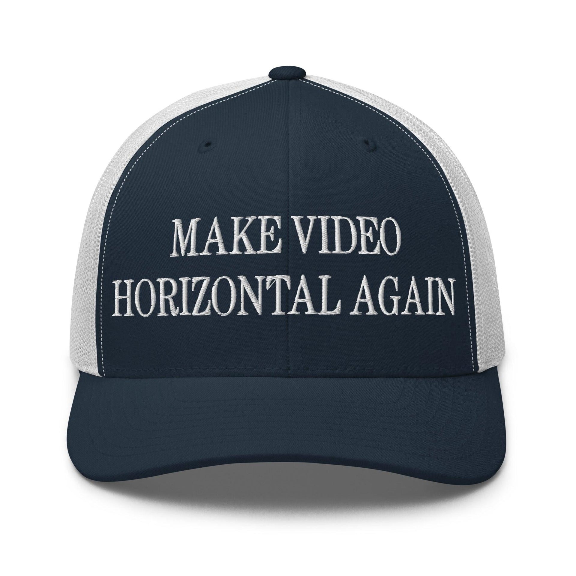 Make Video Horizontal Again Embroidered Mesh Trucker Hat Navy White Capital Crowns LADs Make Again Trucker Hats