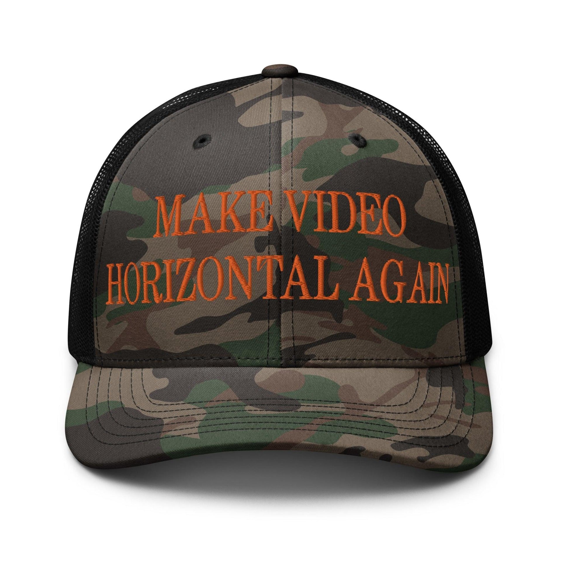 Make Video Horizontal Again Embroidered Orange Camo Trucker Hat Camo Black Capital Crowns LADs Make Again Orange Camo Trucker Hats