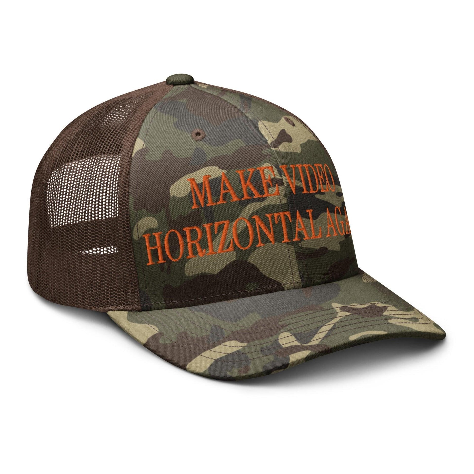 Make Video Horizontal Again Embroidered Orange Camo Trucker Hat Capital Crowns LADs Make Again Orange Camo Trucker Hats