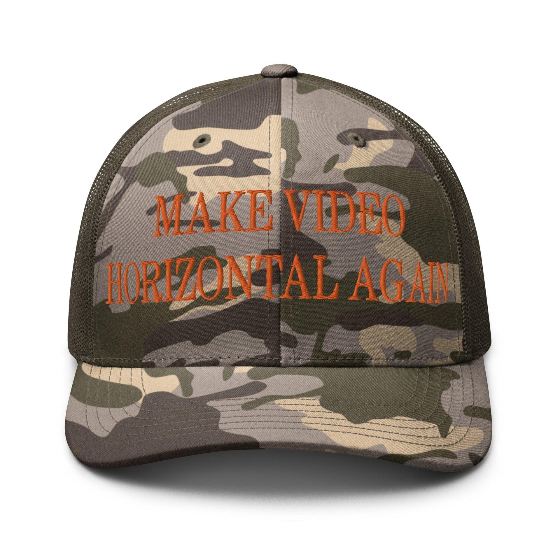 Make Video Horizontal Again Embroidered Orange Camo Trucker Hat Camo Olive Capital Crowns LADs Make Again Orange Camo Trucker Hats
