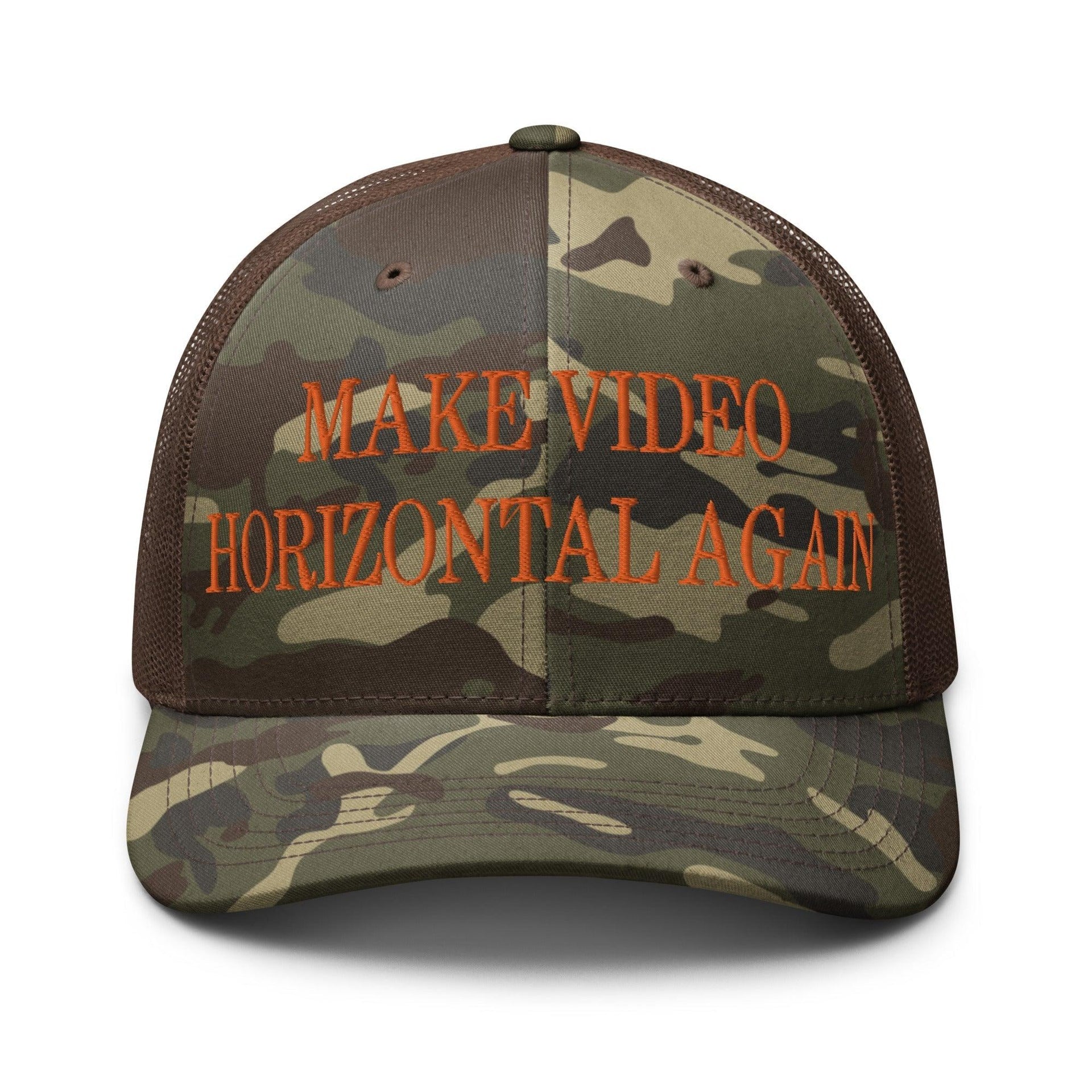 Make Video Horizontal Again Embroidered Orange Camo Trucker Hat Camo Brown Capital Crowns LADs Make Again Orange Camo Trucker Hats