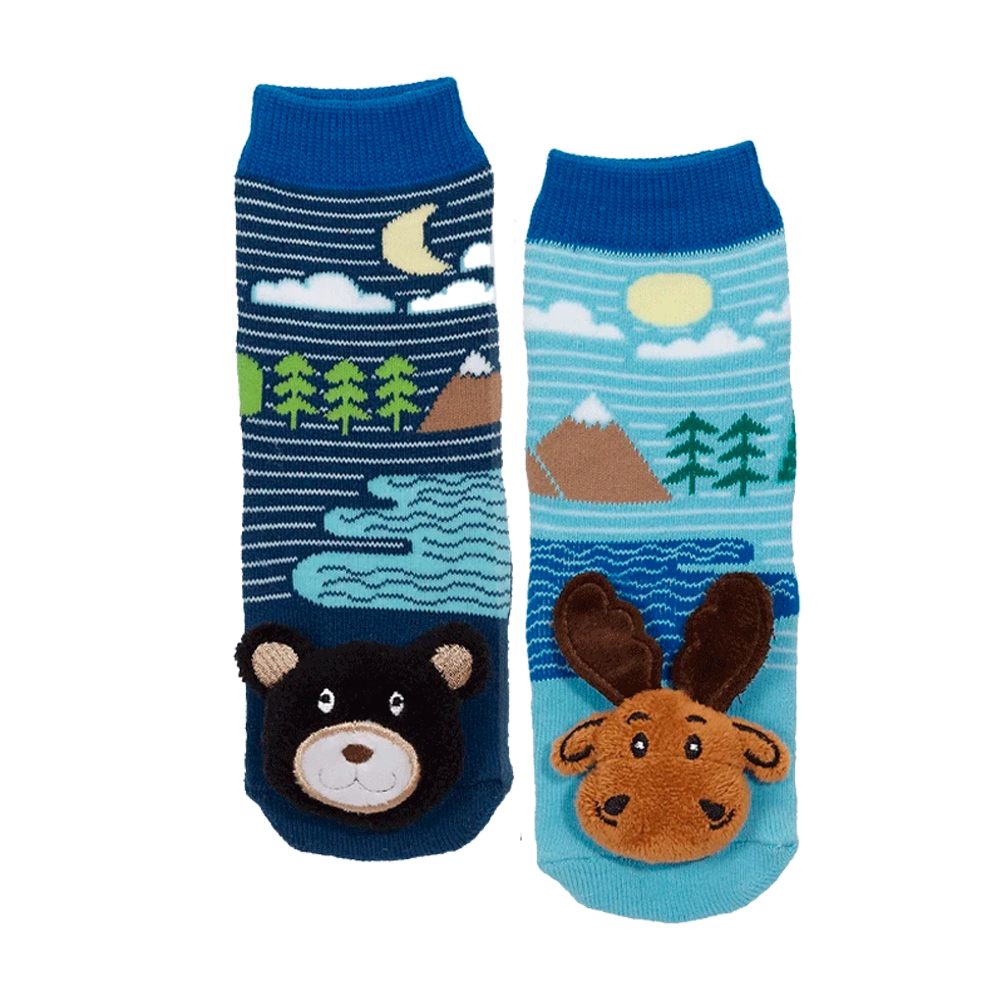 Messy Moose Socks, Moose and Black Bear, 6 Pack Baby Blue Messy Moose Socks Slipper Socks