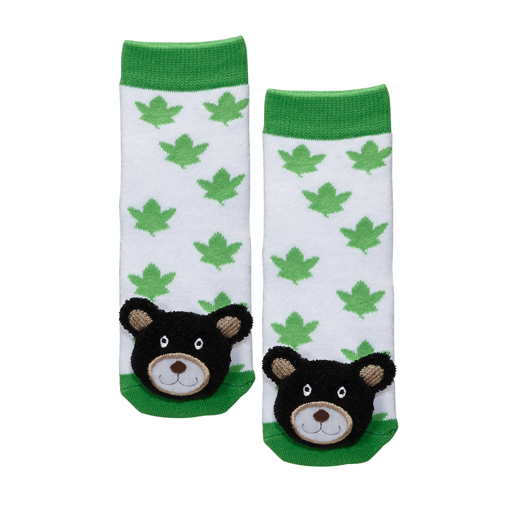 Messy Moose Socks, Green Leaf Black Bear, 6 Pack Baby White Messy Moose Socks Slipper Socks