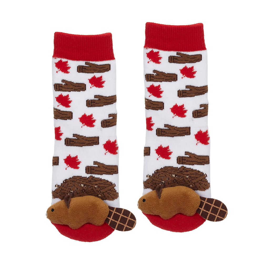Messy Moose Socks, Maple Leaf Beaver, 6 Pack Baby White Messy Moose Socks Slipper Socks